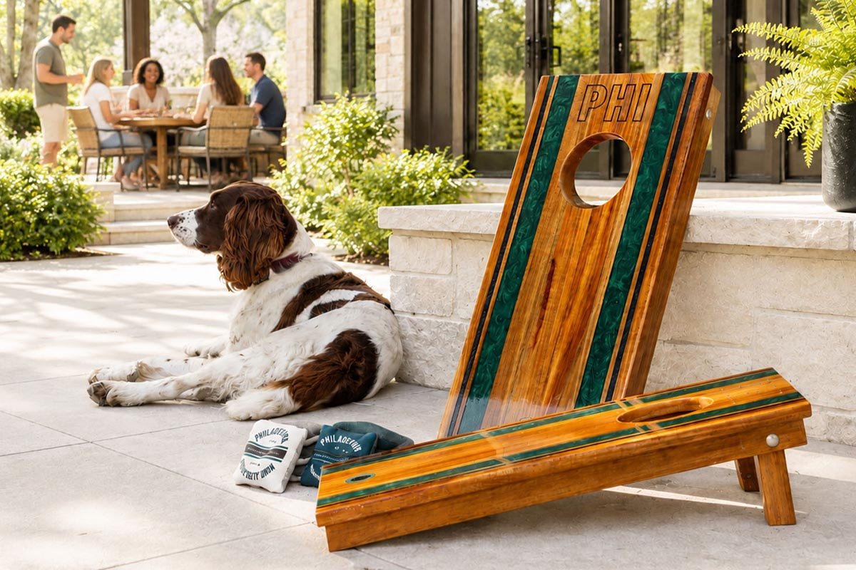 Backyard game day gathering with outdoor cornhole