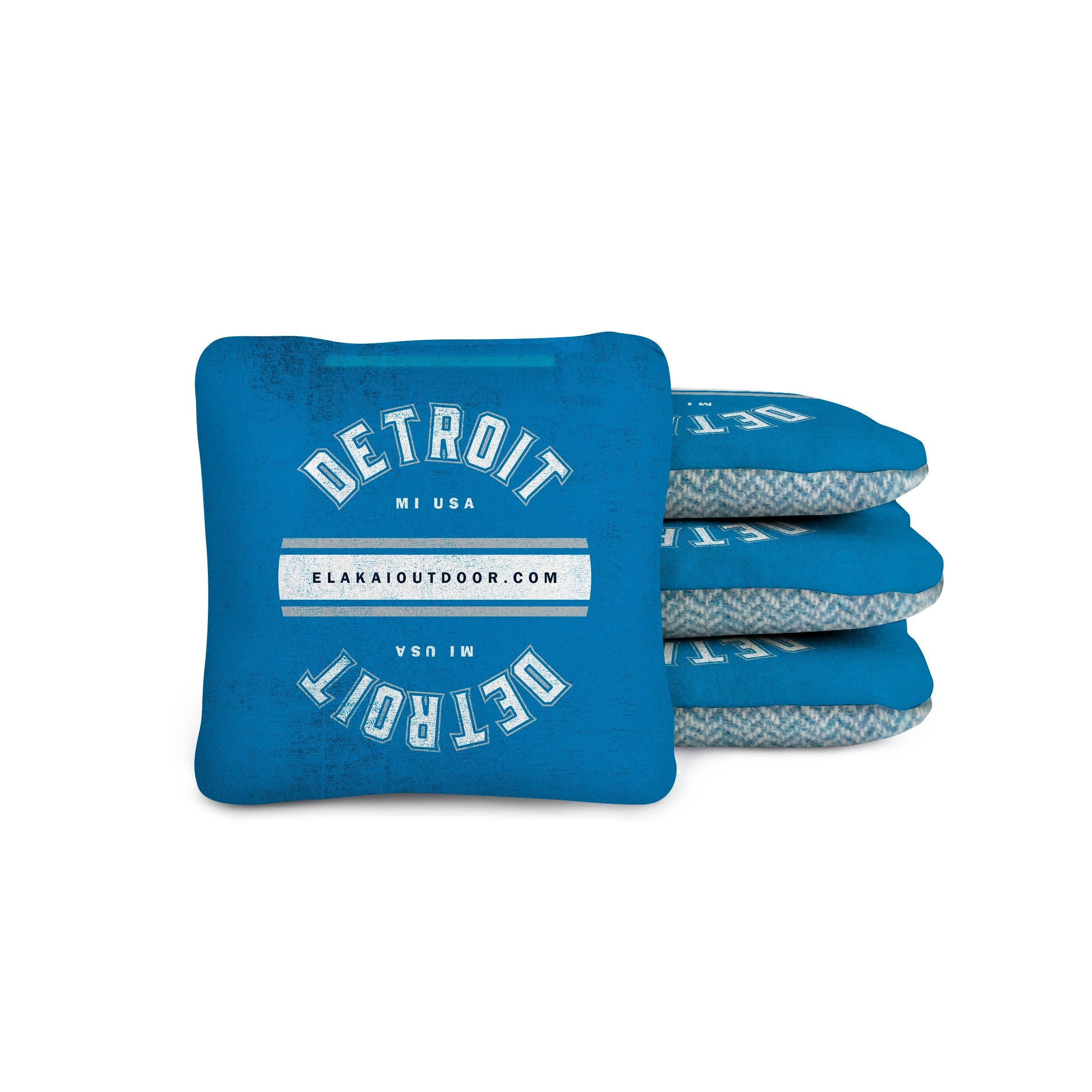 cyan blue cornhole bags with 'Detroit MI USA' text on a suede and blue wool herringbone 4x4 cornhole bag
#color_detroit
