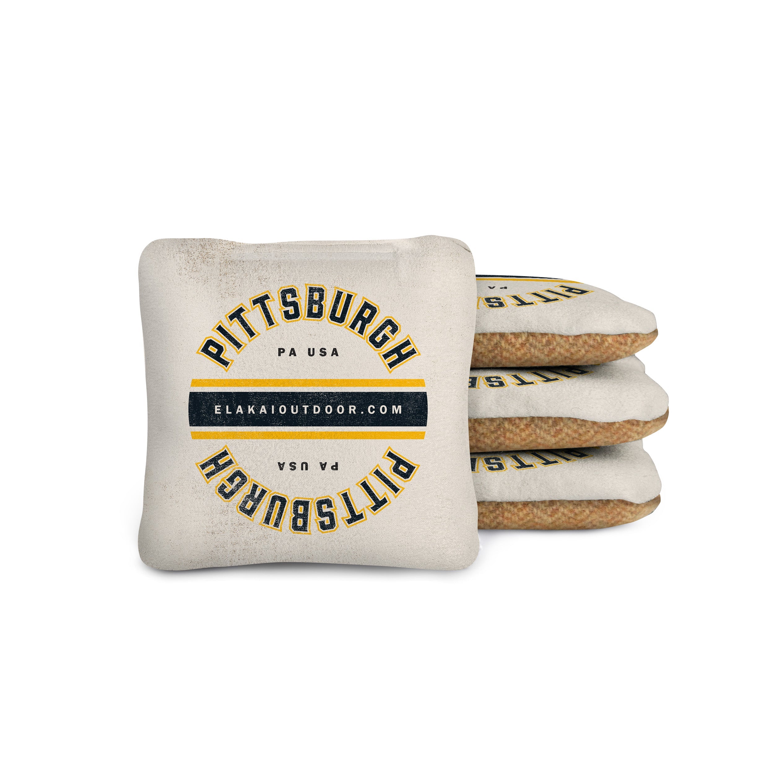 white cornhole bags with 'Pittsburgh PA USA' text on a suede and yellow wool herringbone 4x4 cornhole bag
#color_pittsburgh