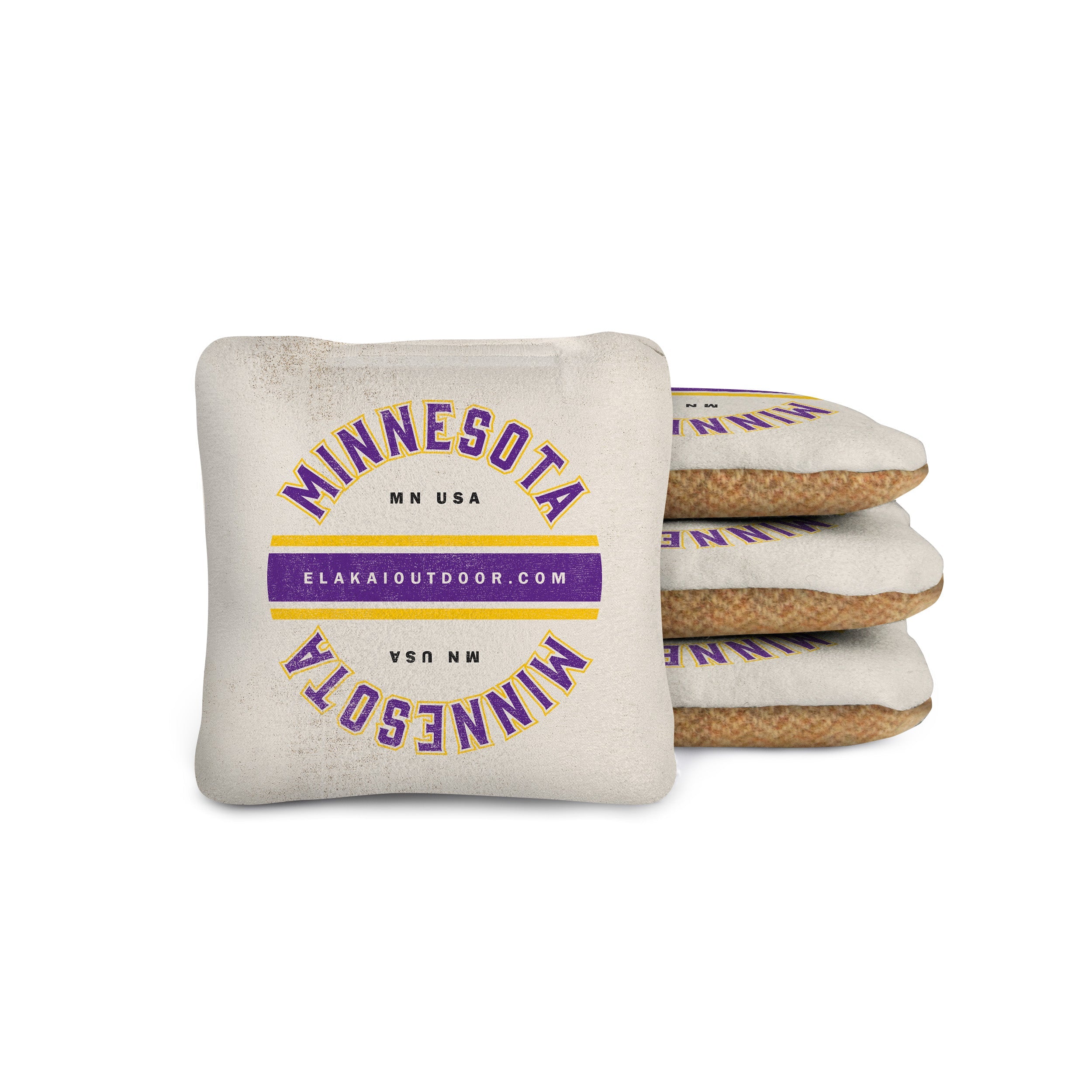 white cornhole bags with 'Minnesota MN USA' text on a suede and yellow wool herringbone 4x4 cornhole bag
#color_minnesota
