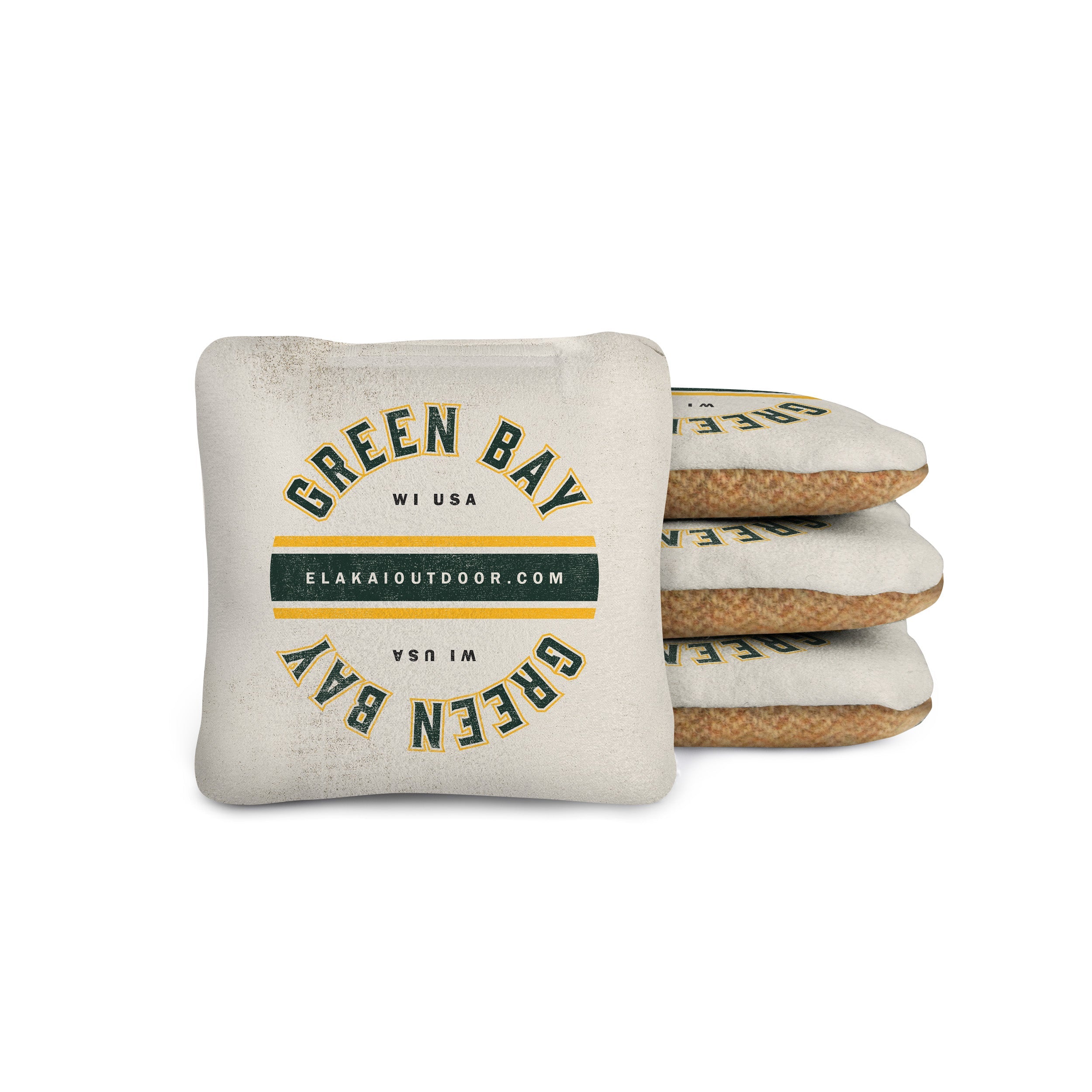 white cornhole bags with 'Green Bay WI USA' text on a suede and yellow wool herringbone 4x4 cornhole bag
#color_green bay