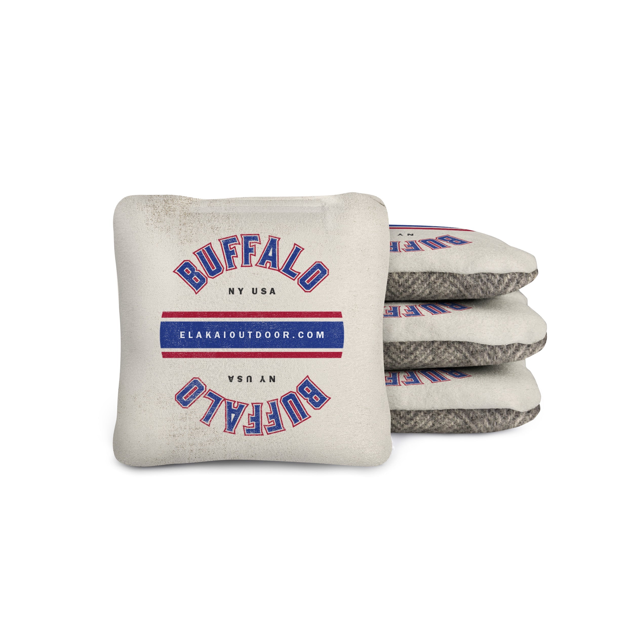 white cornhole bags with 'Buffalo NY USA' text on a suede and gray wool herringbone 4x4 cornhole bag
#color_buffalo
