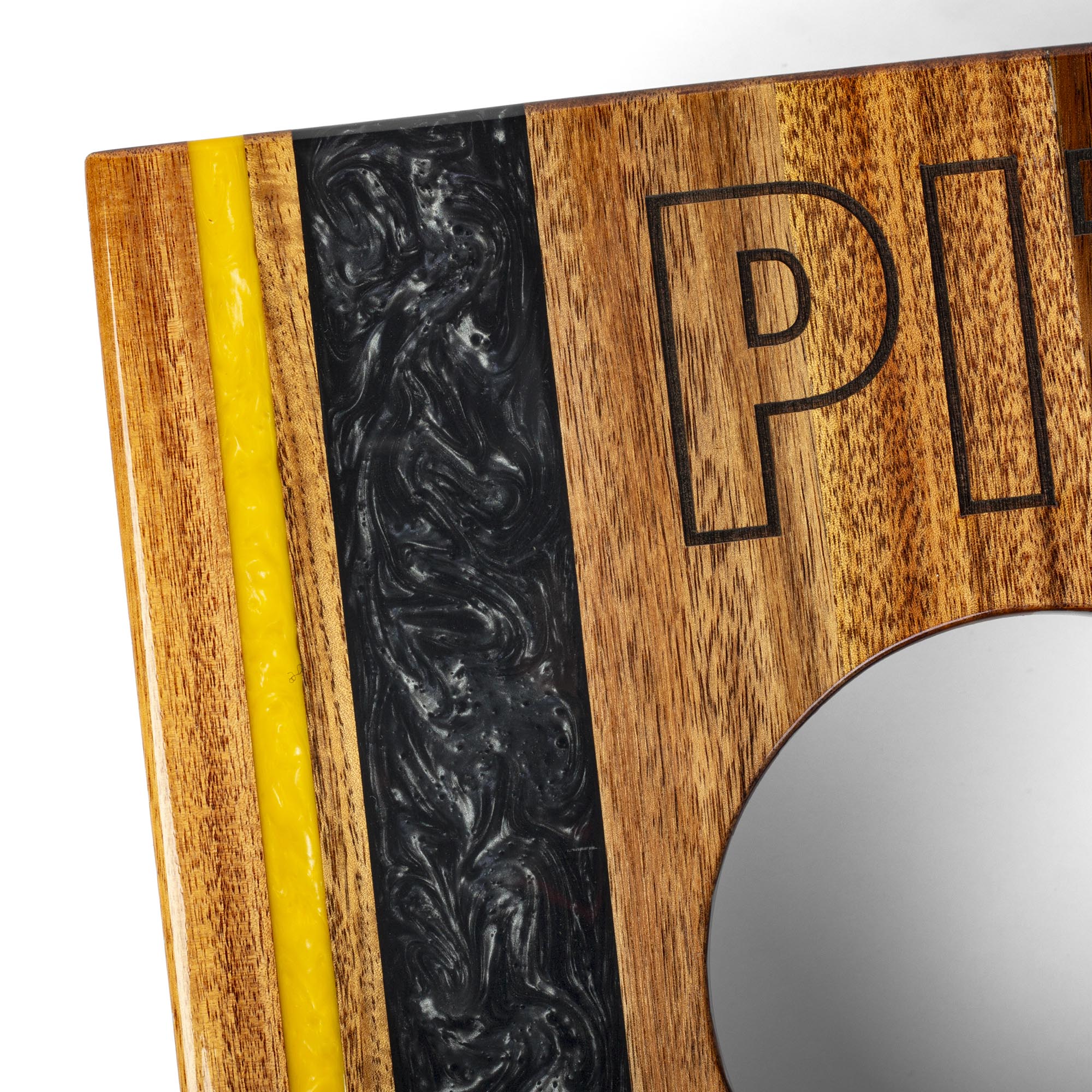 resin and 'PIT' engraving detail on a wooden 1x2 travel cornhole board
#color_pittsburgh