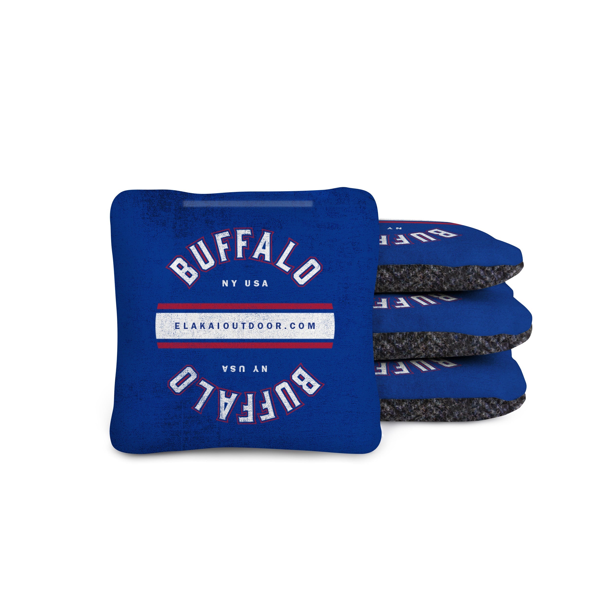 Blue cornhole bags with 'Buffalo NY USA' text on a suede and navy wool herringbone 4x4 cornhole bag
#color_buffalo
