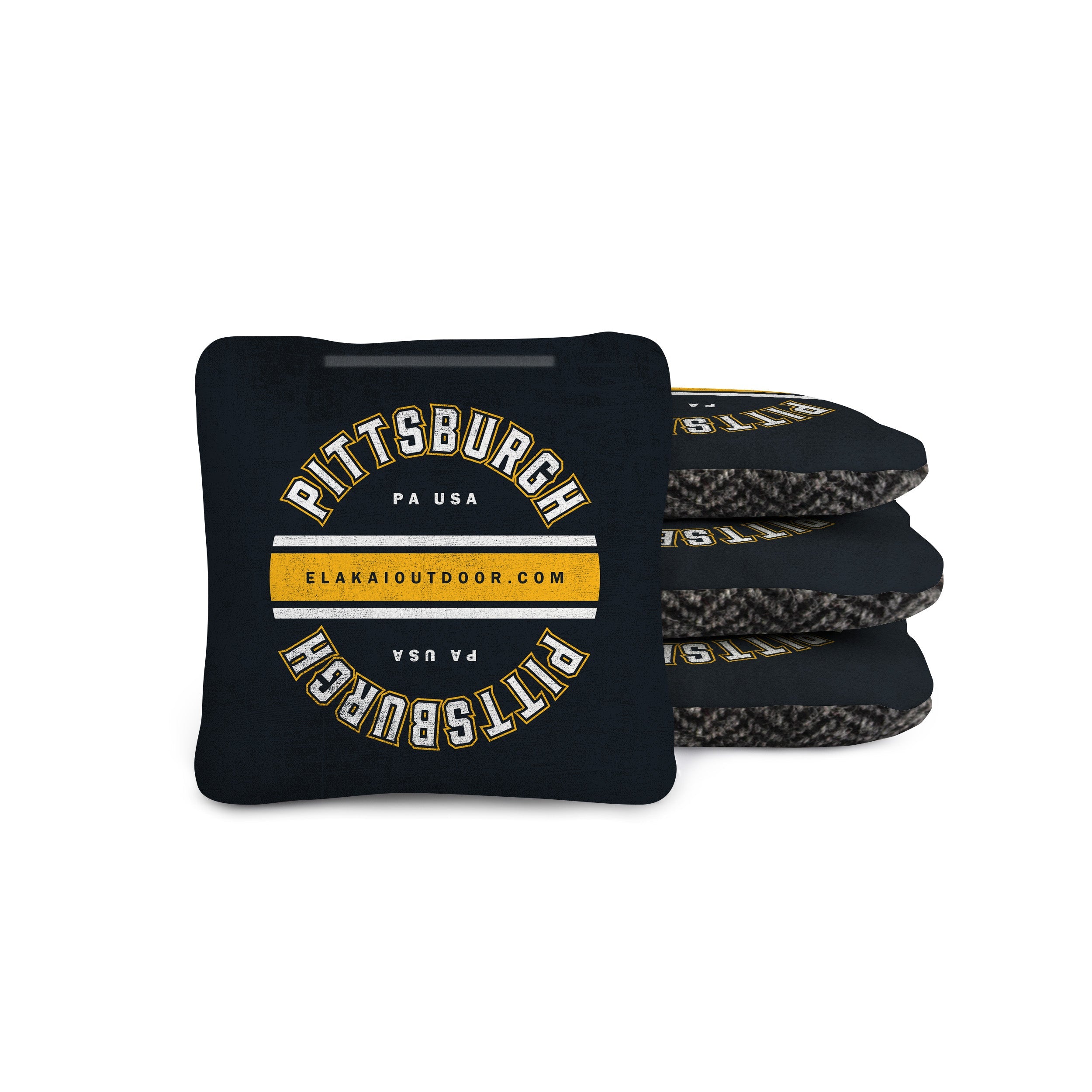 black cornhole bags with 'Pittsburgh PA USA' text on a suede and black wool herringbone 4x4 cornhole bag
#color_pittsburgh