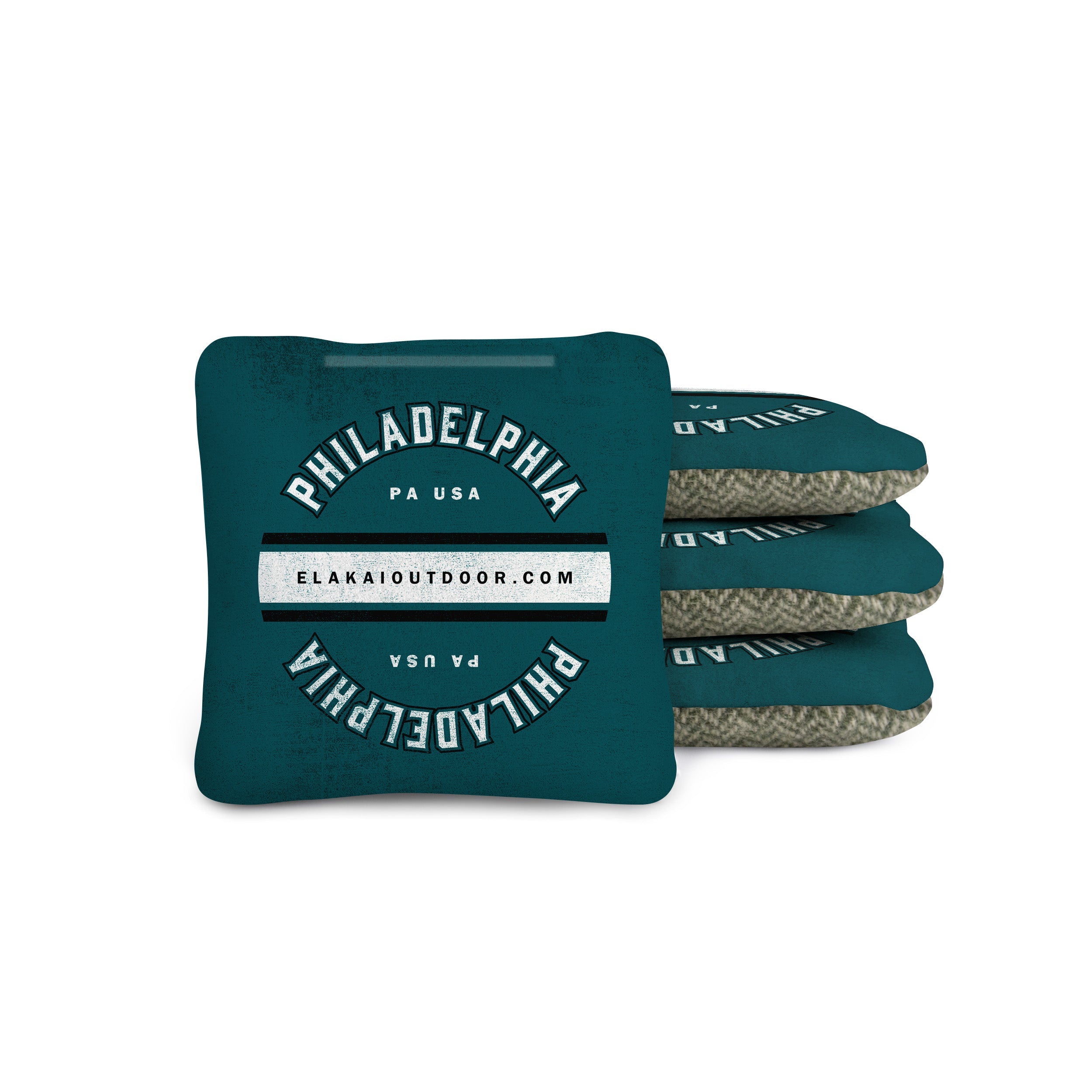 teal cornhole bags with 'Philadelphia PA USA' text on a suede and green wool herringbone 4x4 cornhole bag
#color_philadelphia