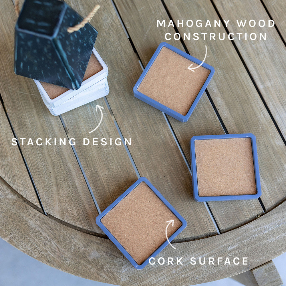Mahogany wood buoy coaster set with cork surfaces and blue nautical painted finish