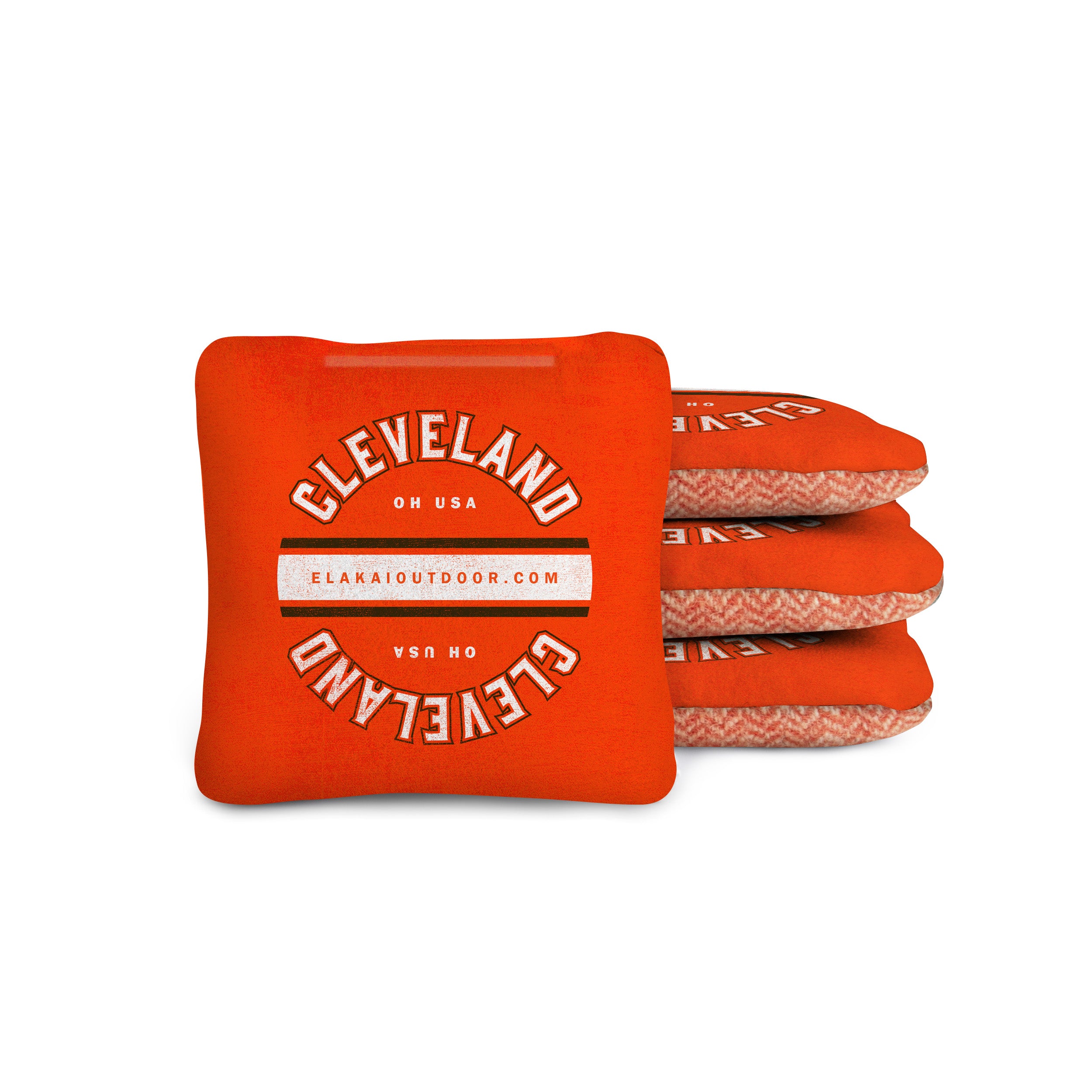 orange cornhole bags with 'Cleveland OH USA' text on a suede and orange wool herringbone 4x4 cornhole bag
#color_cleveland