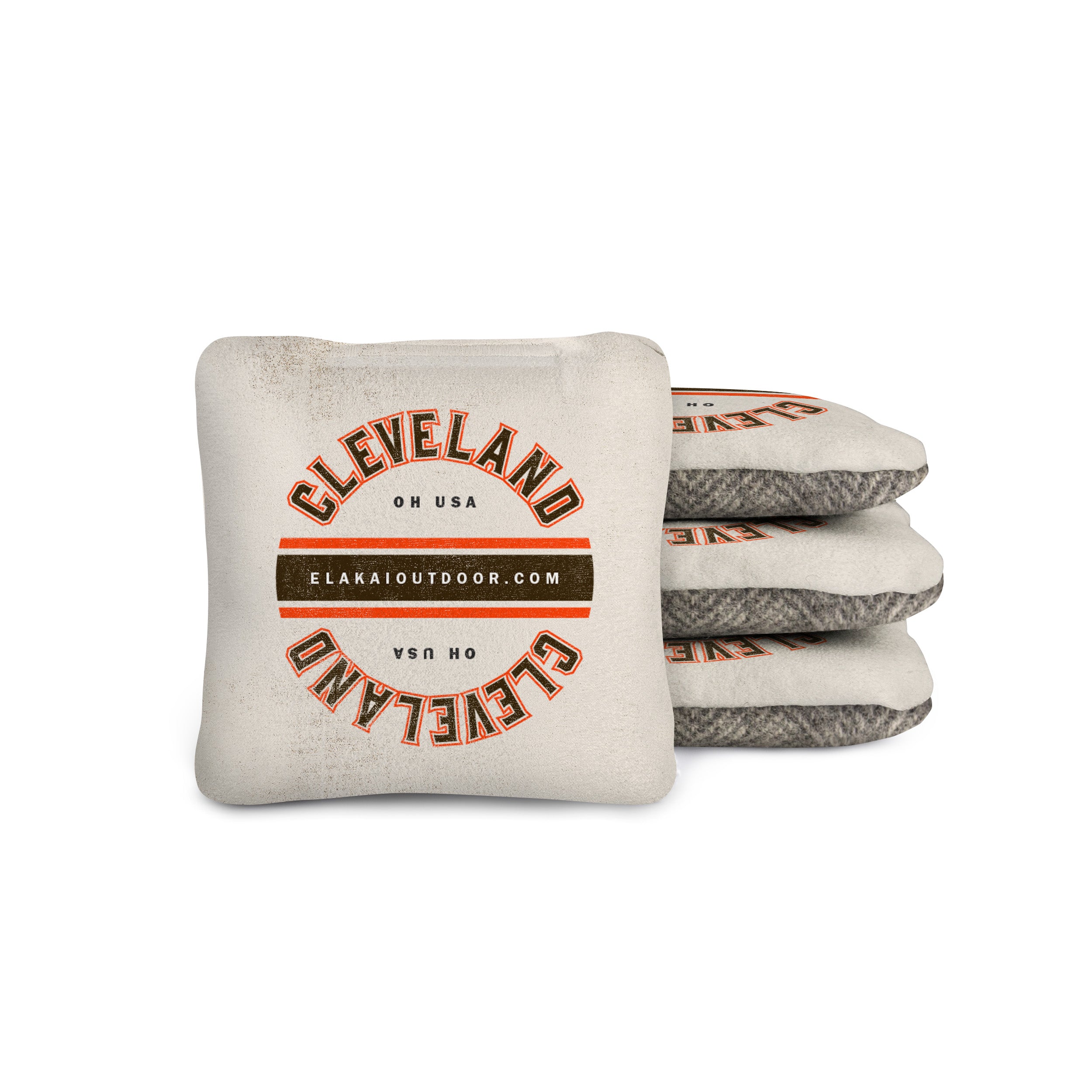 white cornhole bags with 'Cleveland OH USA' text on a suede and gray wool herringbone 4x4 cornhole bag
#color_cleveland