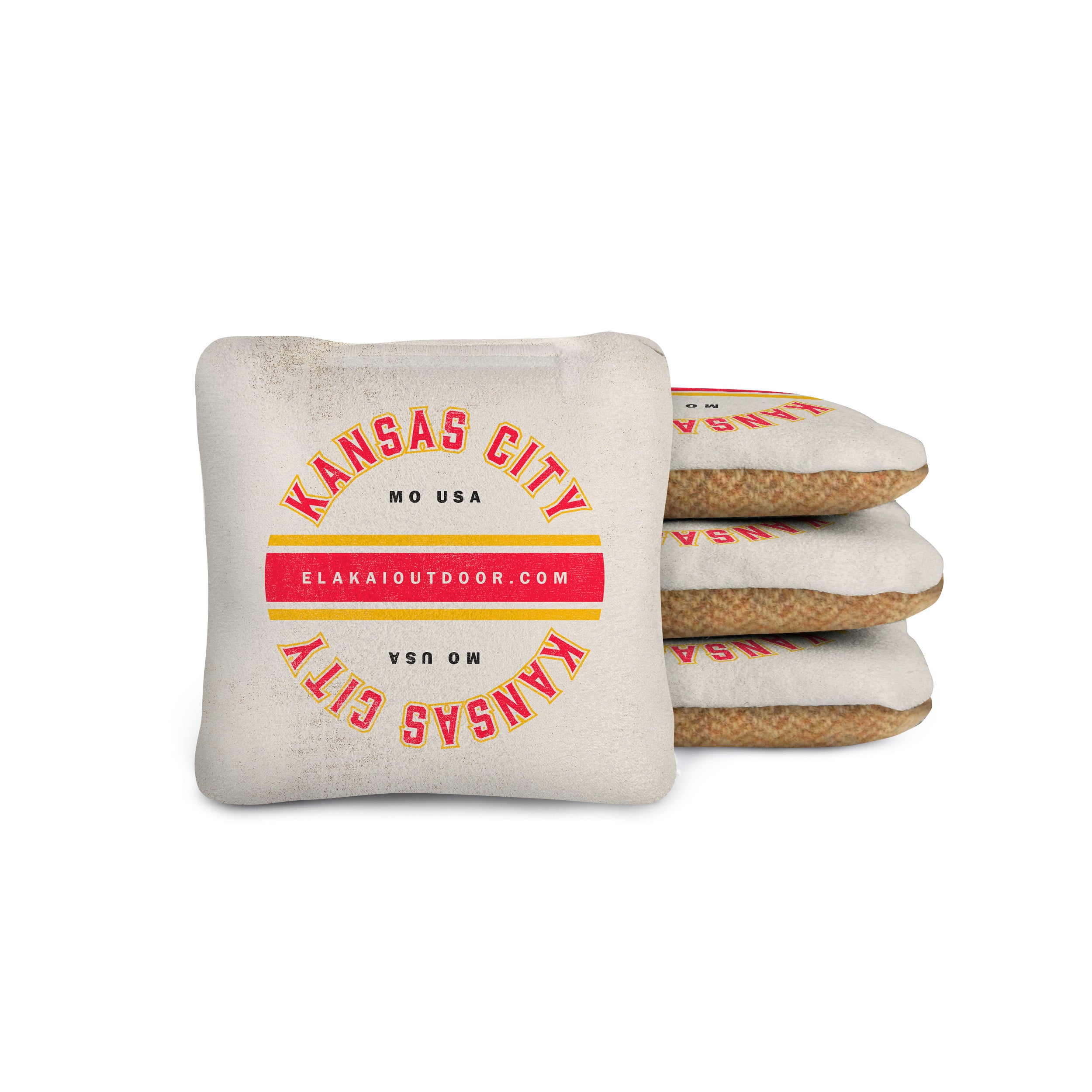 white cornhole bags with 'Kansas City MO USA' text on a suede and yellow wool herringbone 4x4 cornhole bag
#color_kansas city