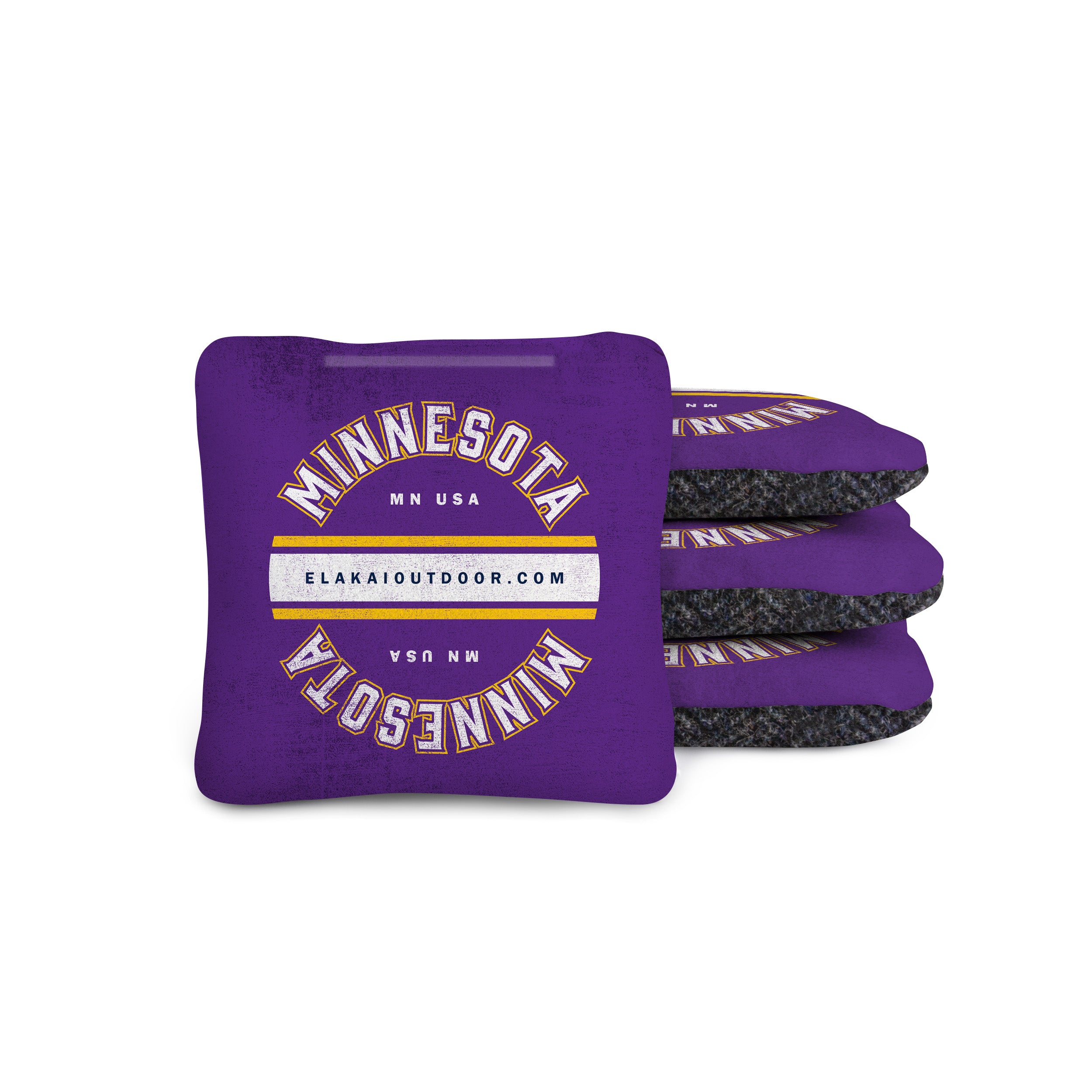 purple cornhole bags with 'Minnesota MN USA' text on a suede and black wool herringbone 4x4 cornhole bag
#color_minnesota
