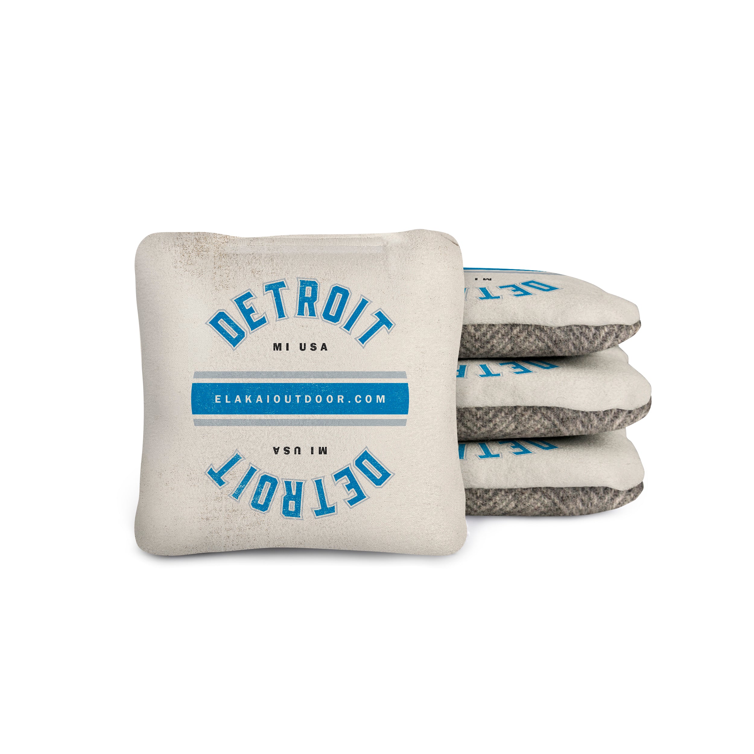 white cornhole bags with 'Detroit MI USA' text on a suede and gray wool herringbone 4x4 cornhole bag
#color_detroit