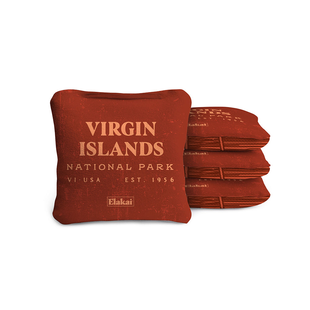 #color_scarlet A set of four travel-size, all-weather cornhole bags with a 'Virgin Islands National Park' design in red color.
