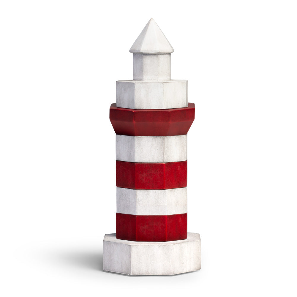 Red and white lighthouse stacking coaster set with mahogany wood and cork coaster surface