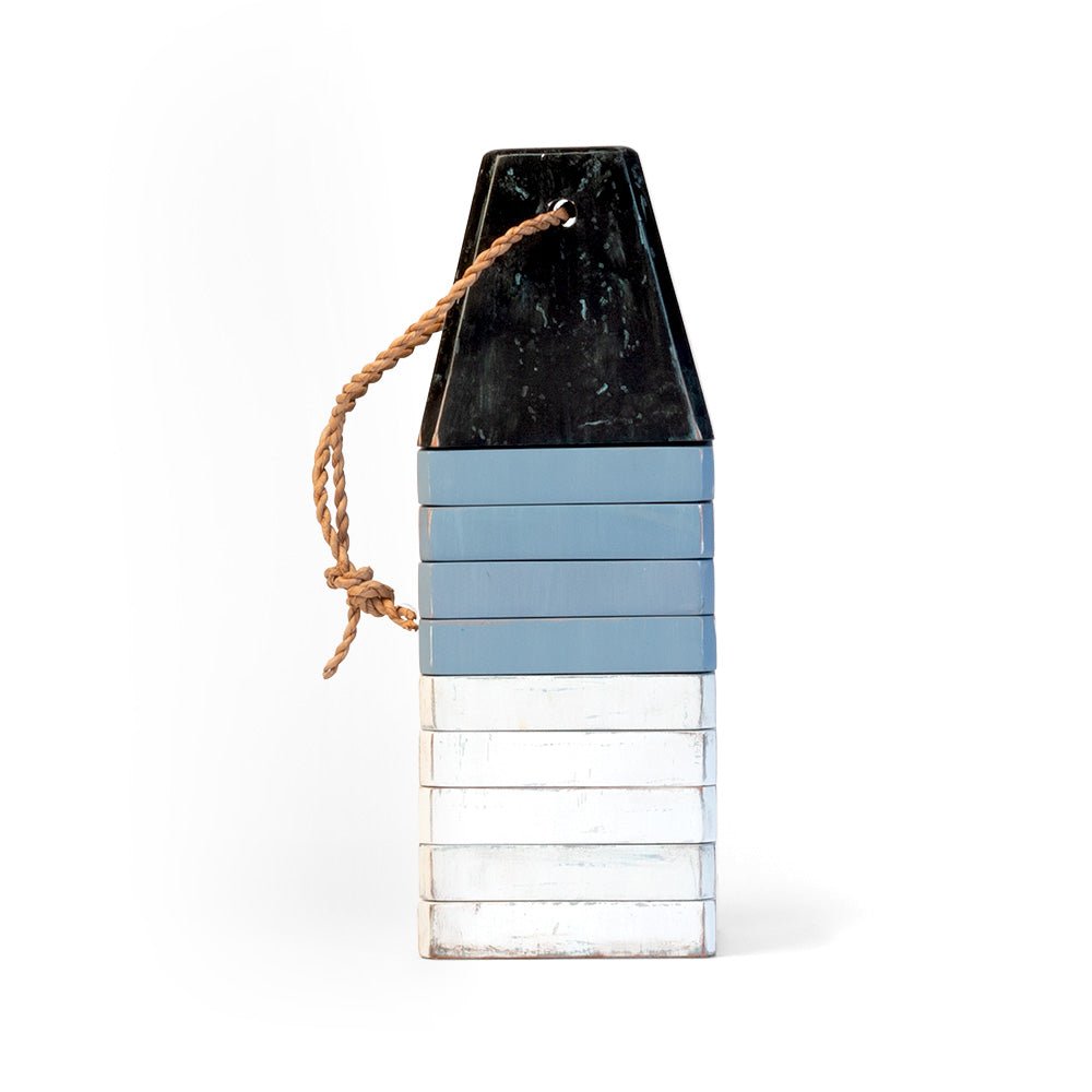 Blue, white and black buoy stacking coaster set with decorative rope detail