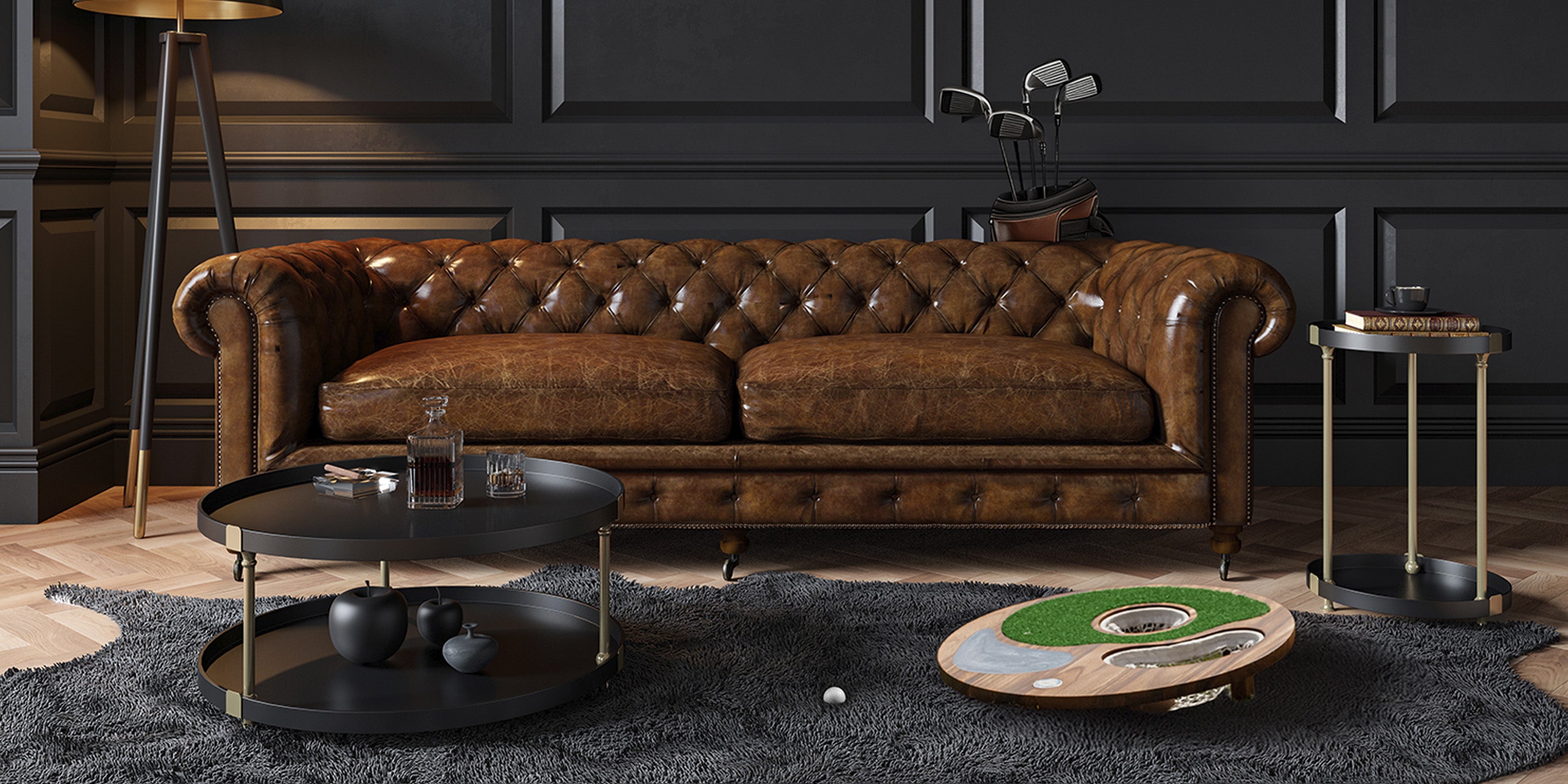 Elakai Island Hole golf game sitting on the floor of a luxury office with brown leather sofa