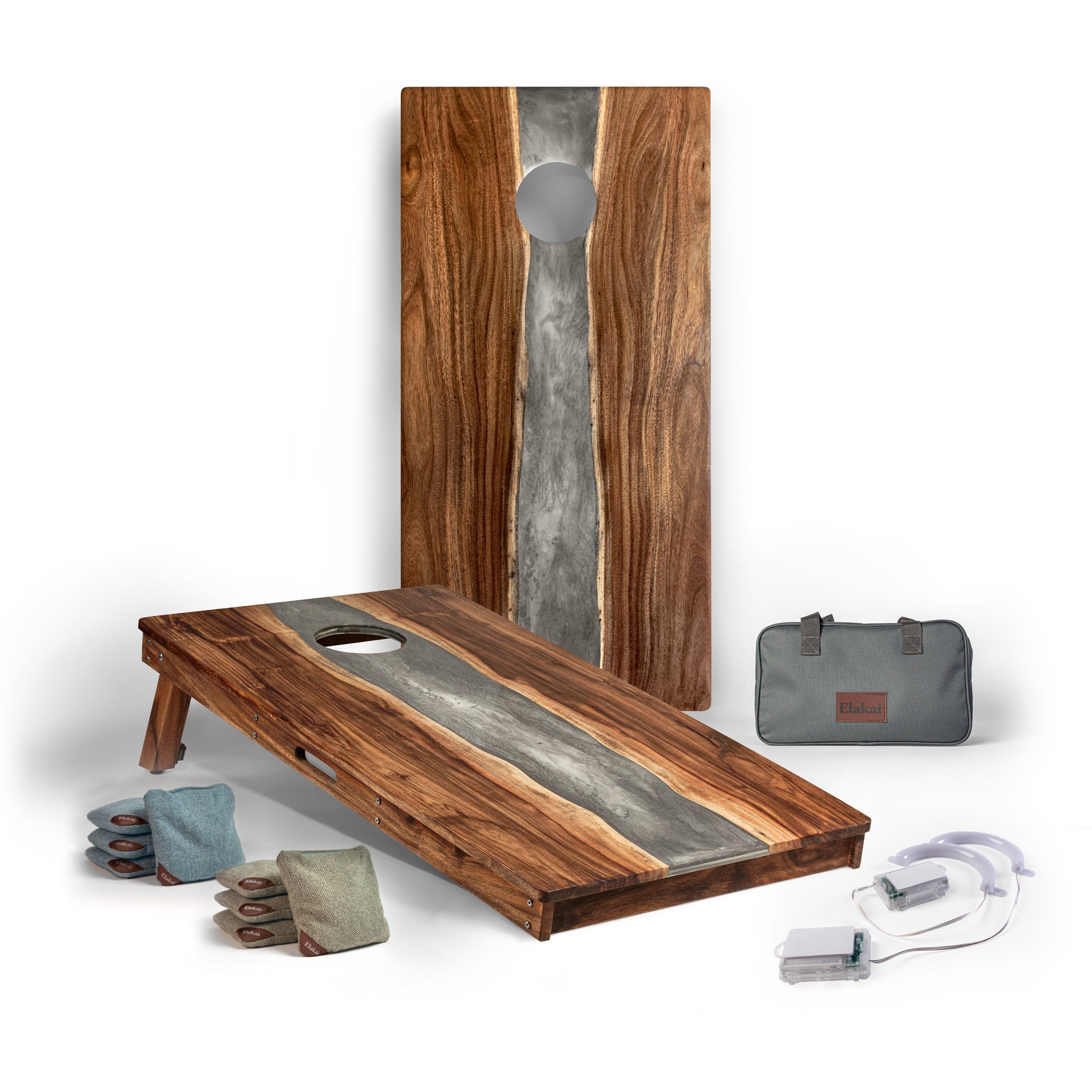 Live Edge Resin Gray Stone | Artisan Curated Cornhole Set - | Elakai Outdoor