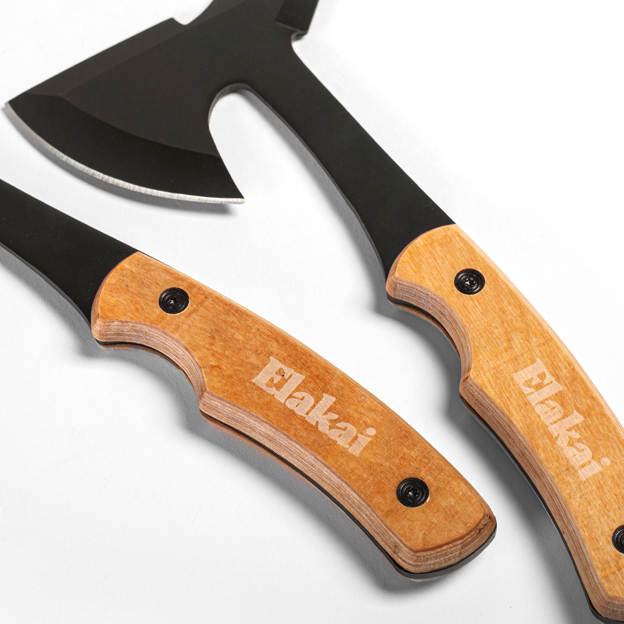 Two axes with wooden handles and black blades on a white background, branded 'Elakai'.