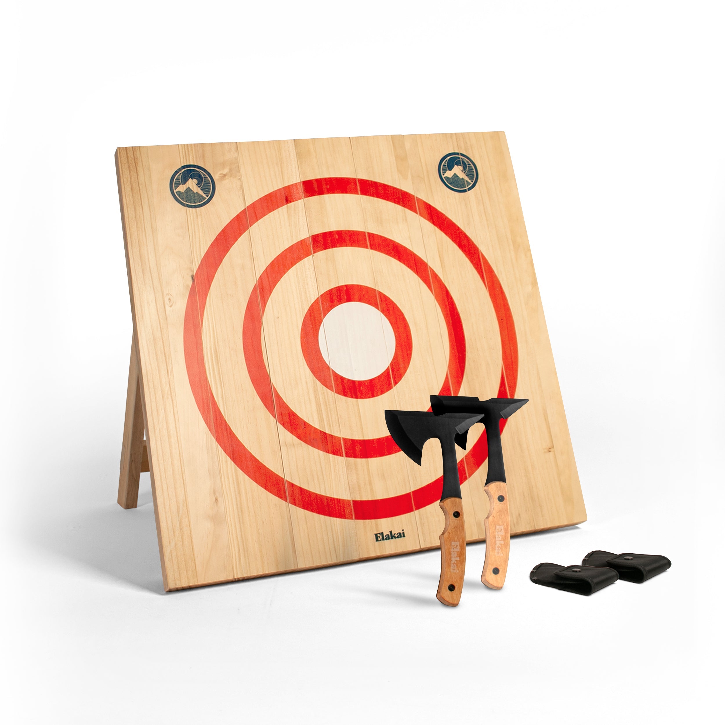 Elakai Wooden axe target board with red bullseye and two axes on a white background