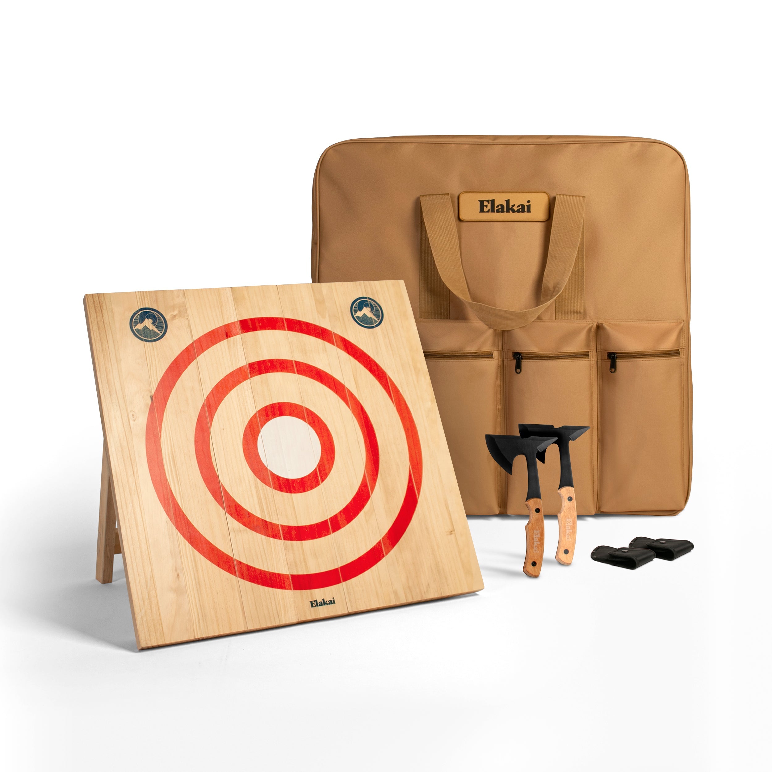 Archery target with bow case and accessories on a white background
