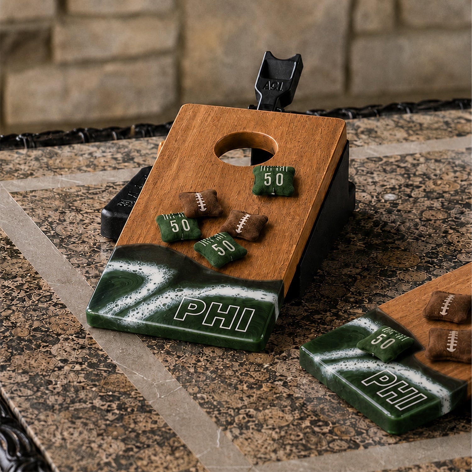 Two wooden cornhole boards featuring a green, white, and black wave design at the bottom with 'PHI' lettering.
#color_philadelphia