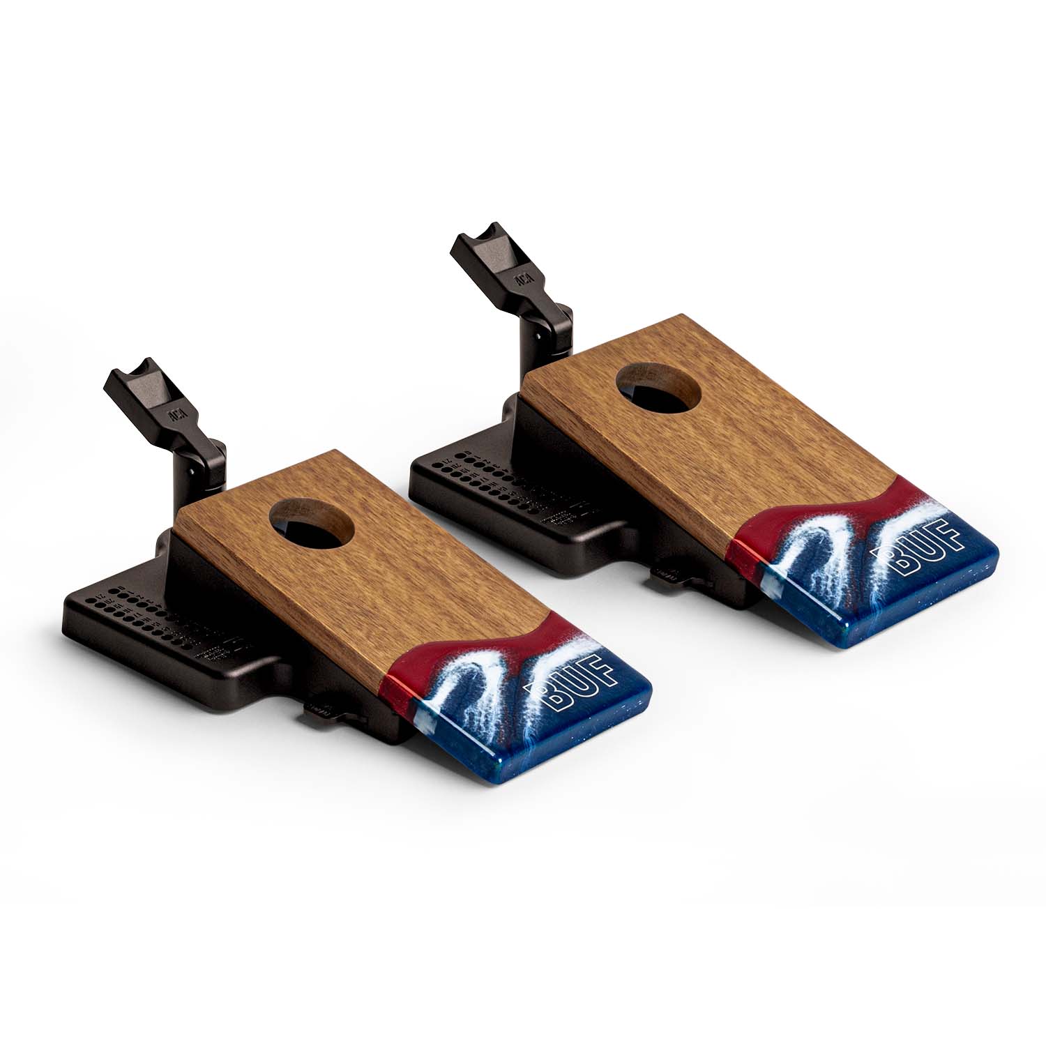 Angled view of the Elakai Buffalo Gameday mini double chuck tabletop cornhole set featuring wood boards with red, white, and blue resin design and built-in launch flippers #color_Buffalo