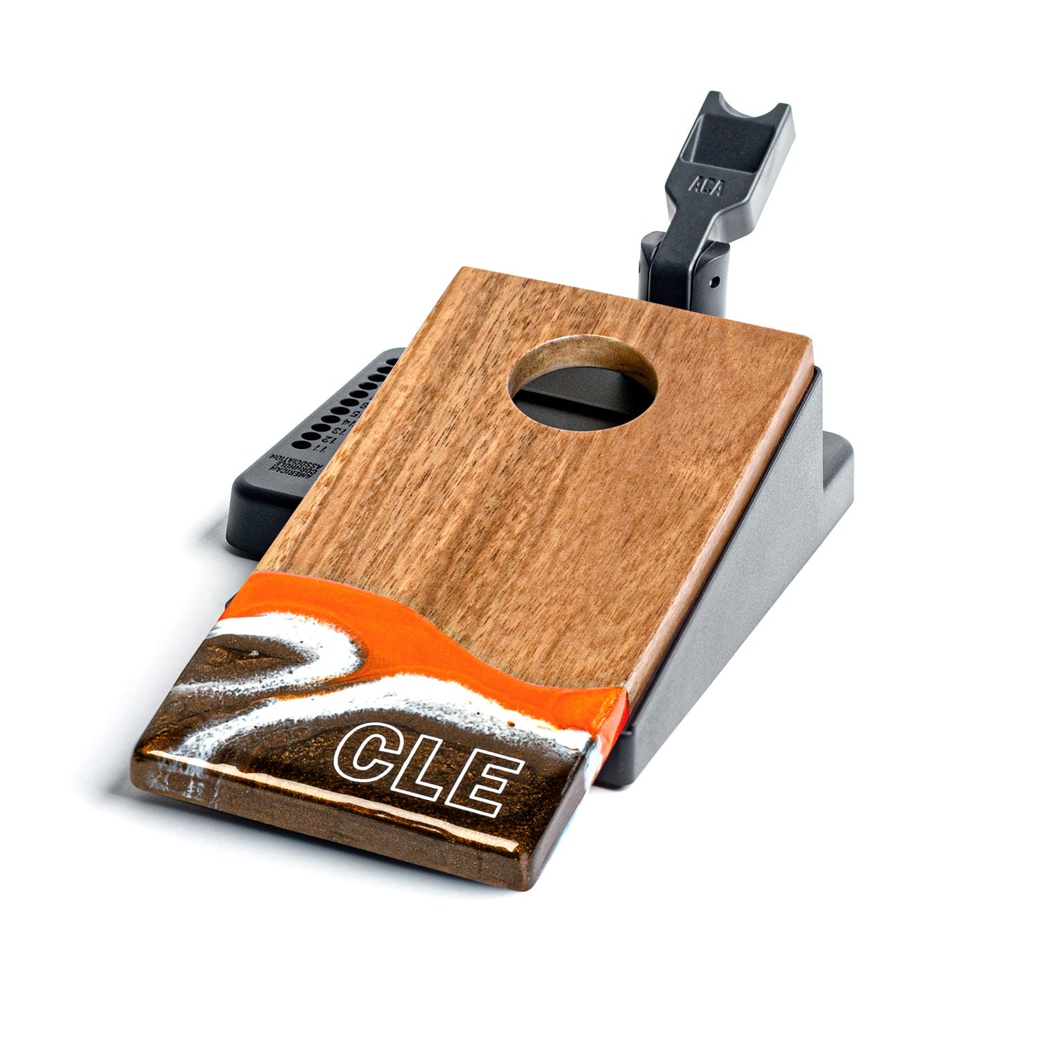Single Elakai Cleveland Gameday mini double chuck tabletop cornhole board showing wood surface, resin game day design, scoring holes, and spring-loaded launch flipper #color_cleveland