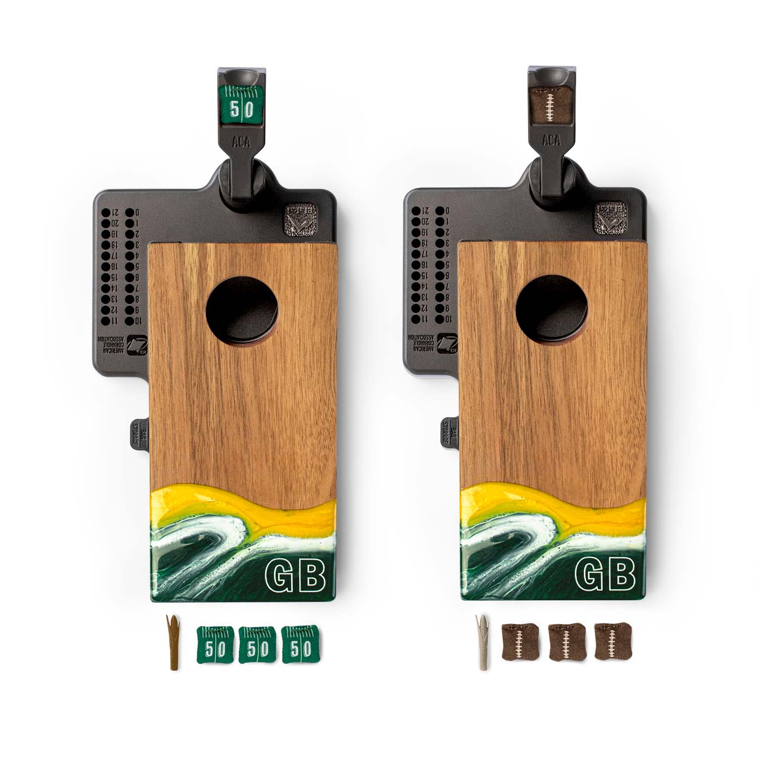 Top-down view of the Green Bay Gameday mini double chuck tabletop cornhole game set by Elakai with two wood and resin boards, mini cornhole bags, and built-in scoring system #color_green bay