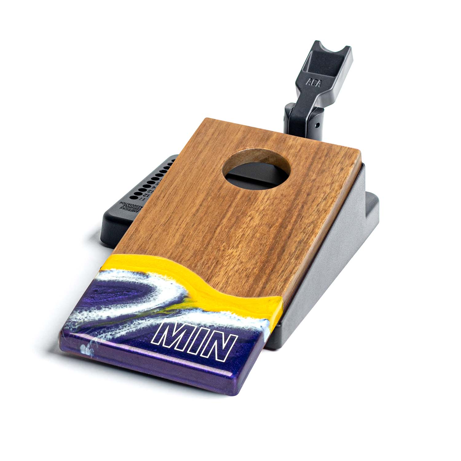 Single Minnesota Gameday mini double chuck tabletop cornhole board by Elakai showing wood surface, purple and gold resin game day design, scoring holes, and spring-loaded launch flipper #color_minnesota