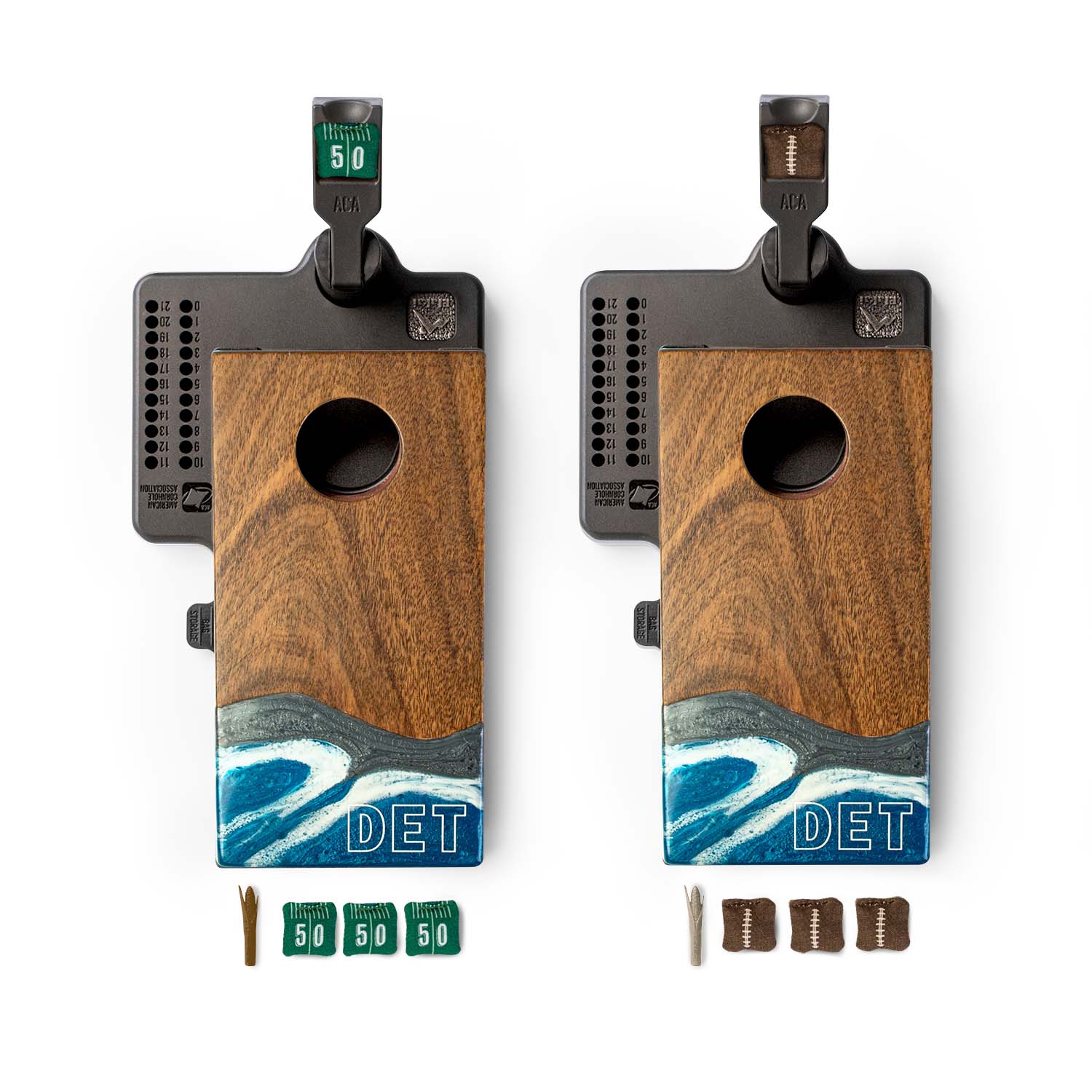 Top-down view of the Detroit Gameday mini double chuck tabletop cornhole game set by Elakai with two wood and resin boards, mini cornhole bags, and built-in scoring system #color_detroit
