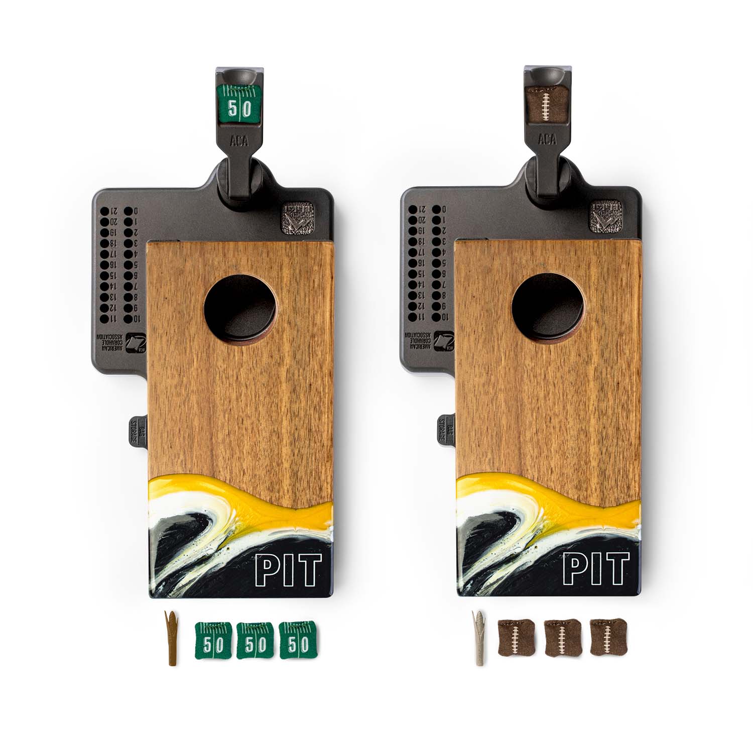 Top-down view of the Pittsburgh Gameday mini double chuck tabletop cornhole game set by Elakai with two wood and resin boards, mini cornhole bags, and built-in scoring system #color_pittsburgh