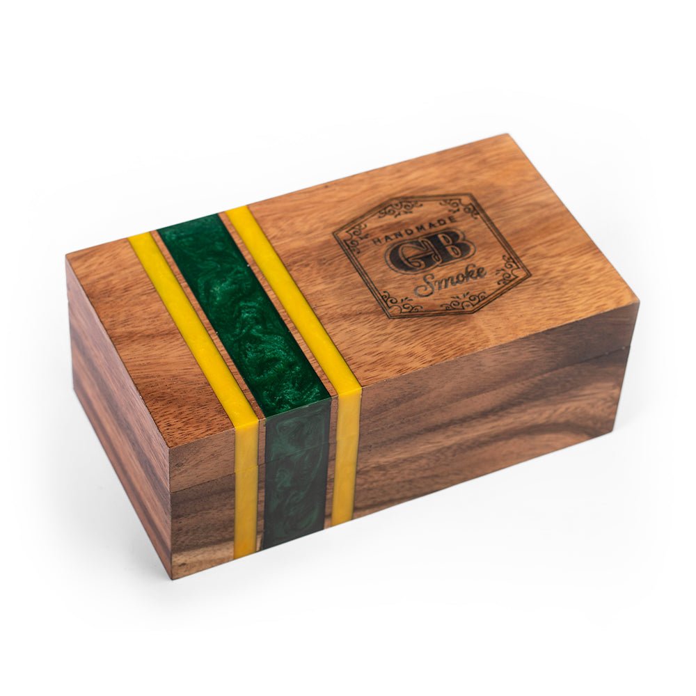 Elakai premium cedar-lined cigar box handcrafted from acacia hardwood with yellow and green resin inlay for luxury cigar storage.
#color_green bay