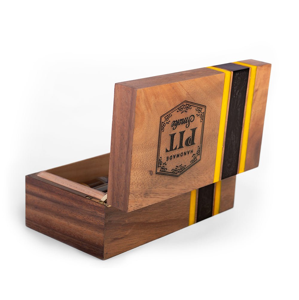 Handcrafted acacia hardwood cigar box with cedar-lined interior and hinged lid for premium cigar storage and organization by Elakai.
#color_pittsburgh