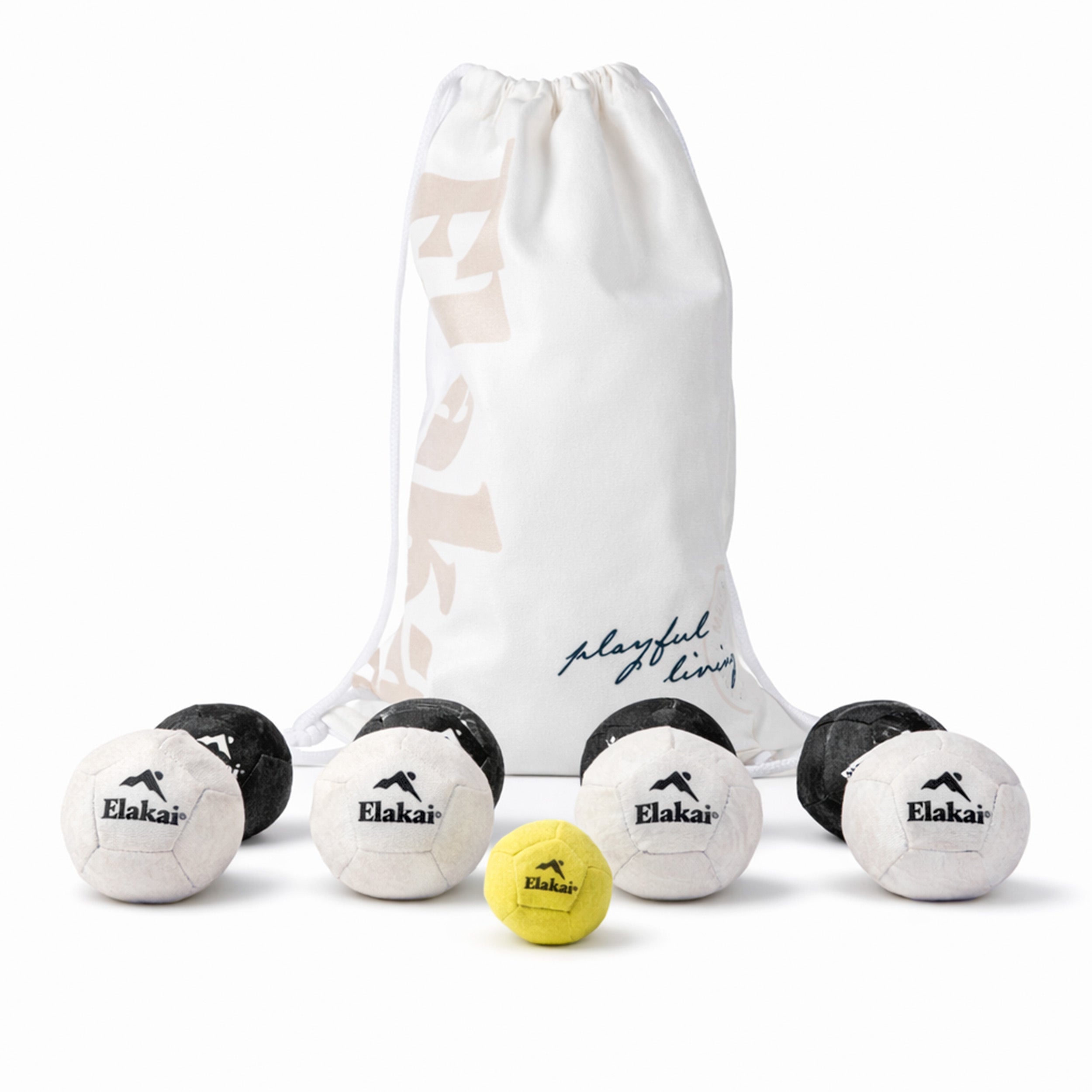 Elakai Soft Bocce Game Set with premium suede balls and drawstring carry bag on a white background