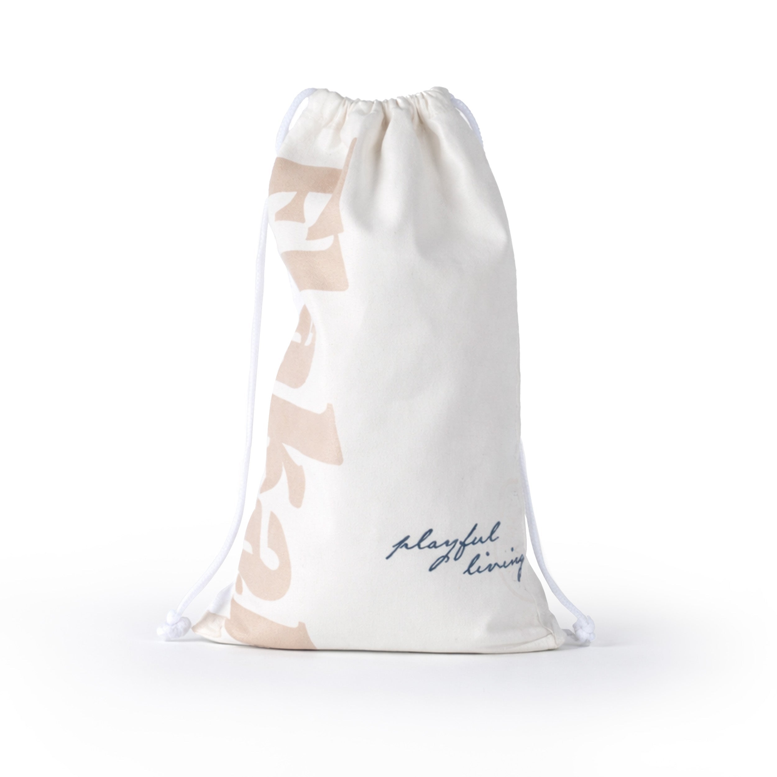 Elakai Soft Bocce drawstring carry bag with playful living text on white background