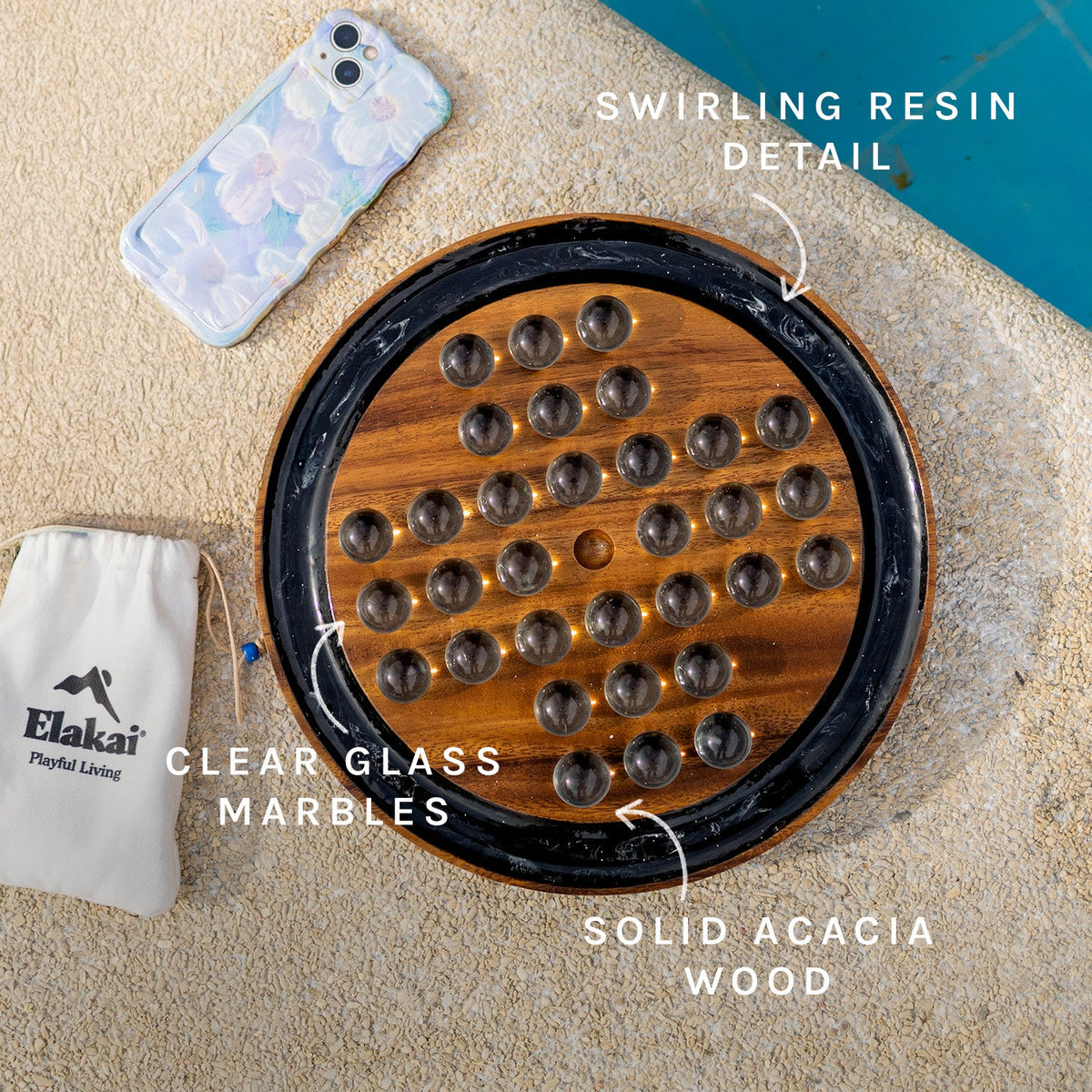 Studio Series Acacia Wood Marble Solitaire Game - EGMS-00-A | Elakai Outdoor