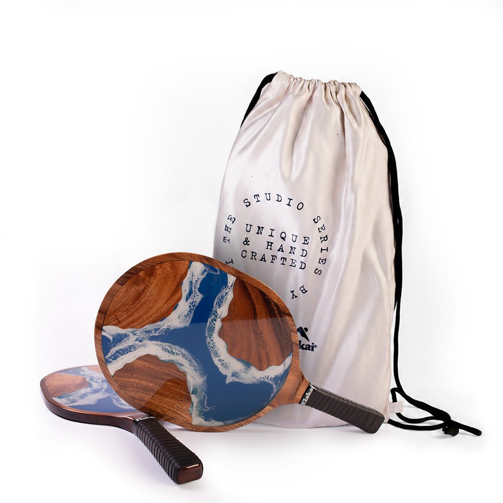 Elakai premium beach paddle set with acacia wood and hand-poured blue resin