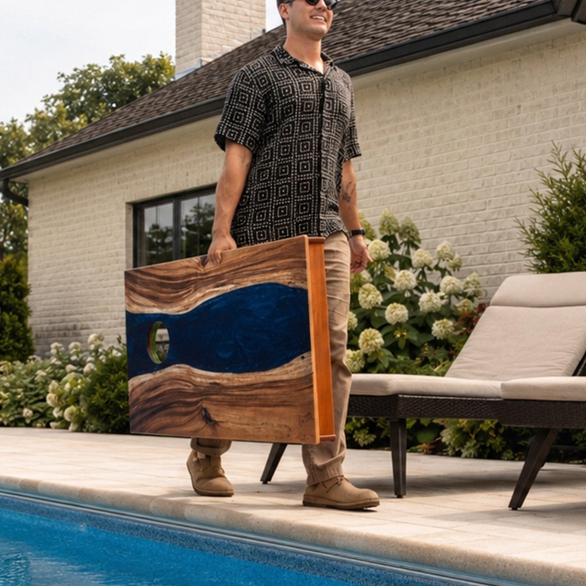A man standing on a poolside patio holds a large cornhole board or with a natural live-edge wood pattern and a dark blue resin-like center. A white brick house, patio chair, and garden are visible in the background. #color_blue pearl