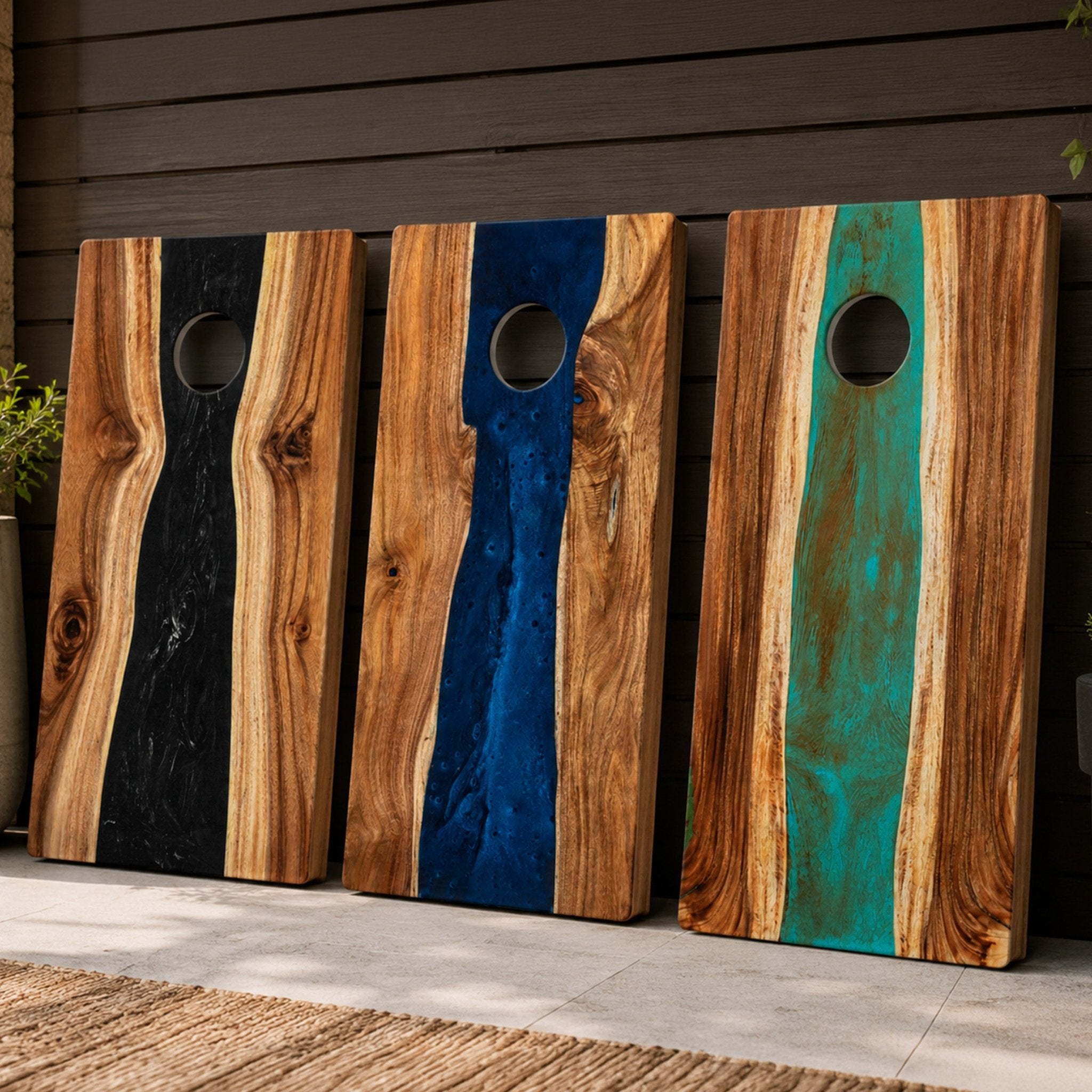 Three wooden cornhole boards with live-edge grain patterns are displayed outdoors against a dark wood-paneled wall. The boards feature vertical resin inlays in black, deep blue, and teal, with natural wood borders and circular scoring holes. #color_blue pearl