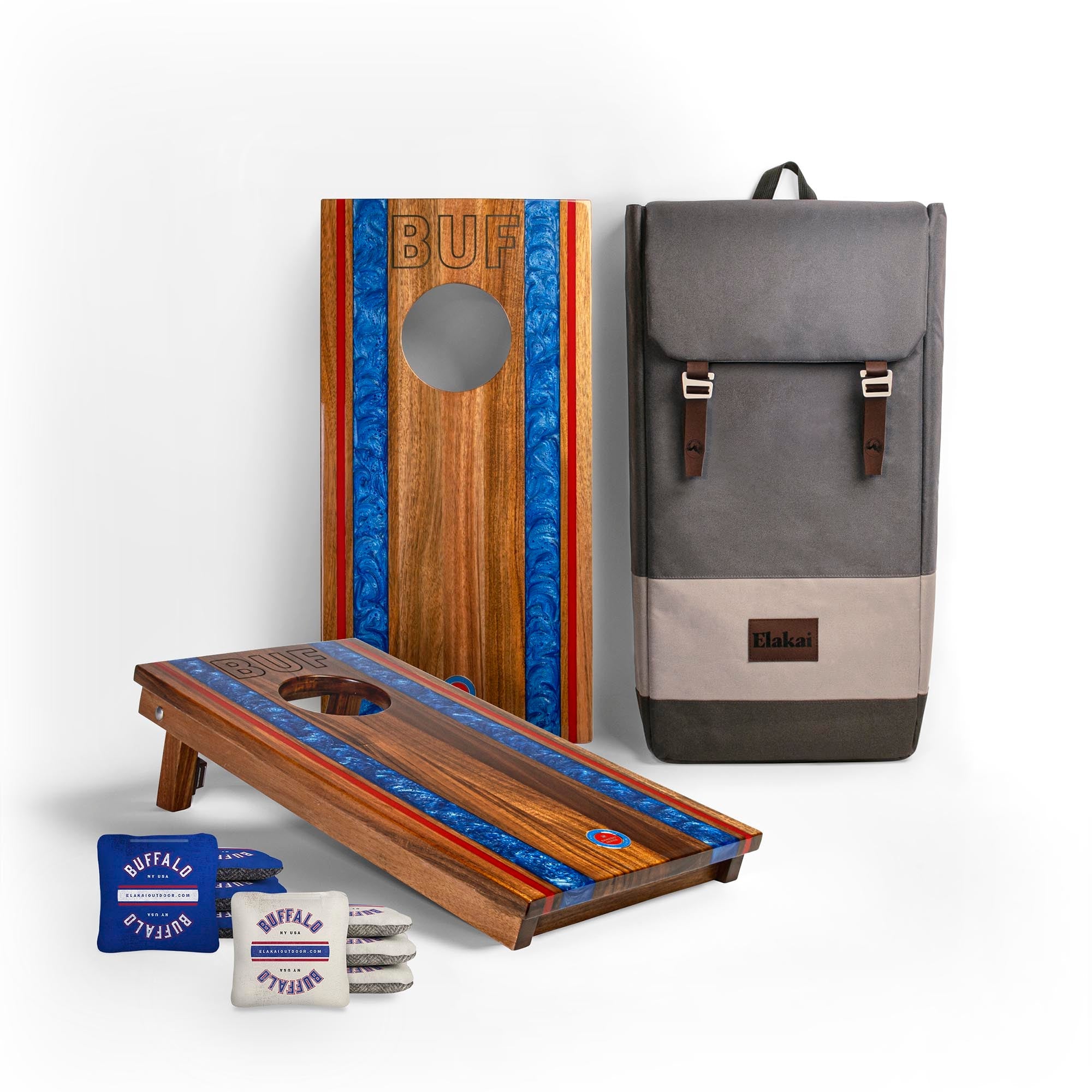 1x2 Gameday Resin Travel Cornhole Board Set with resin blue and red stripes, a gray backpack and two sets of Buffalo cornhole bags
#color_buffalo