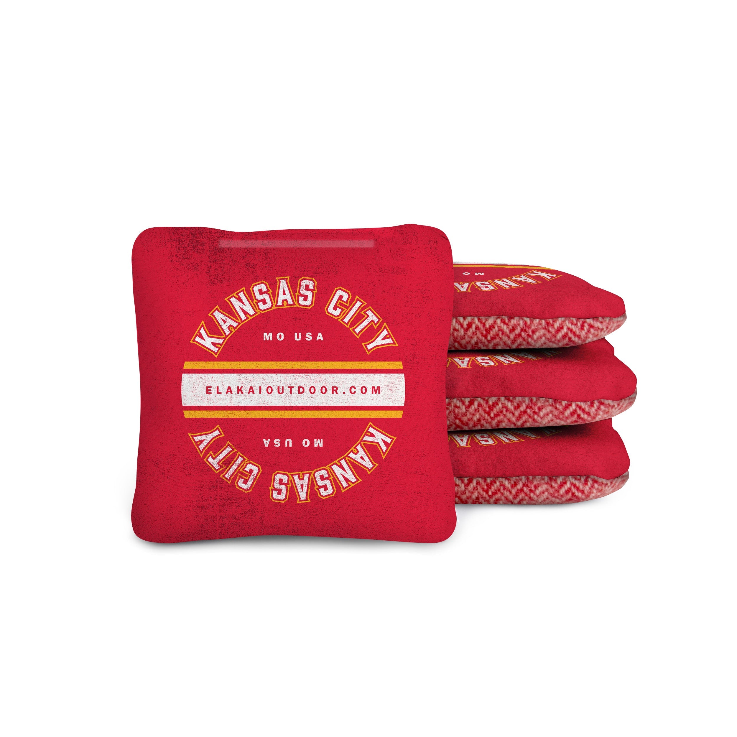 red cornhole bags with 'Kansas City MO USA' text on a suede and red wool herringbone 4x4 cornhole bag
#color_kansas city