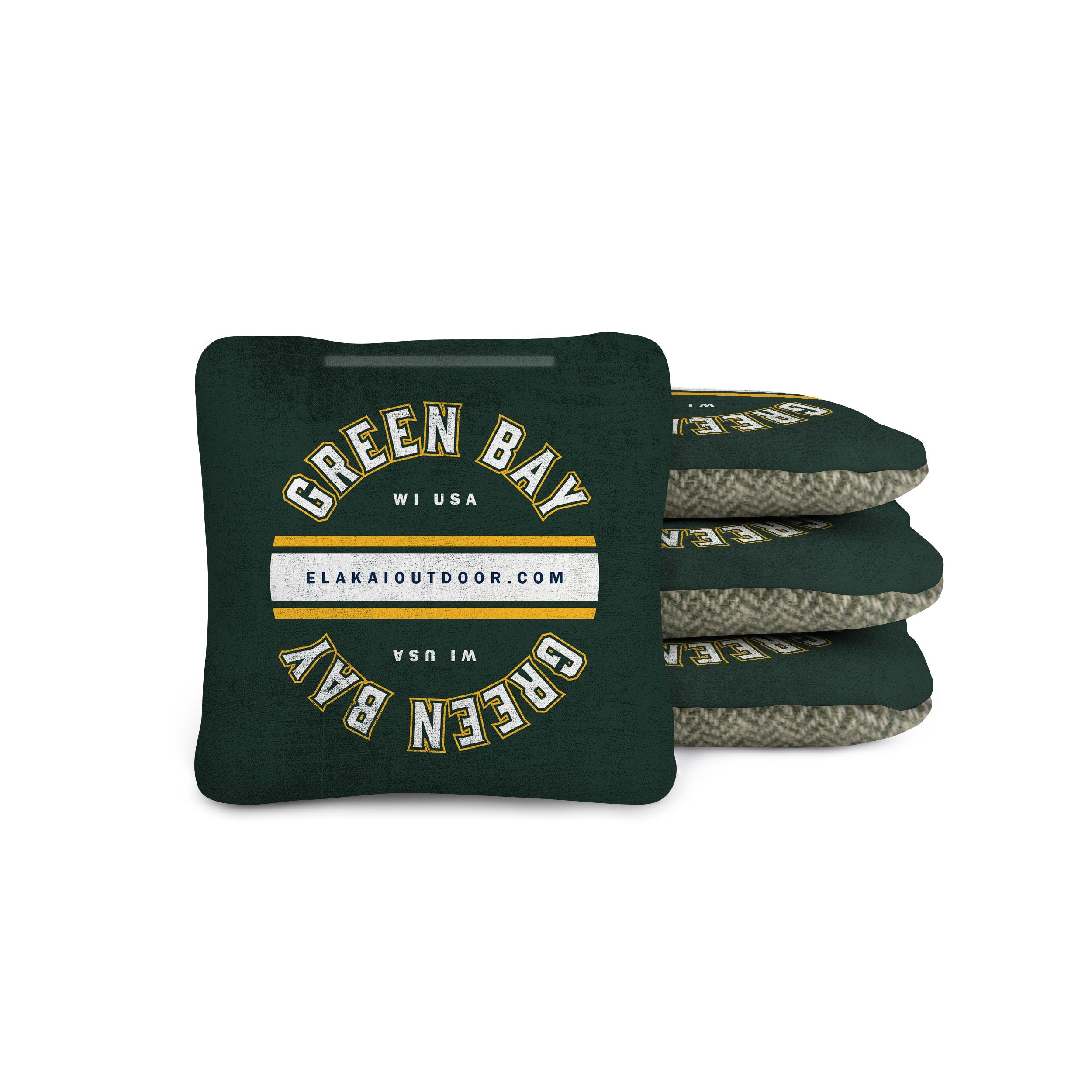 green cornhole bags with 'Green Bay WI USA' text on a suede and green wool herringbone 4x4 cornhole bag
#color_green bay