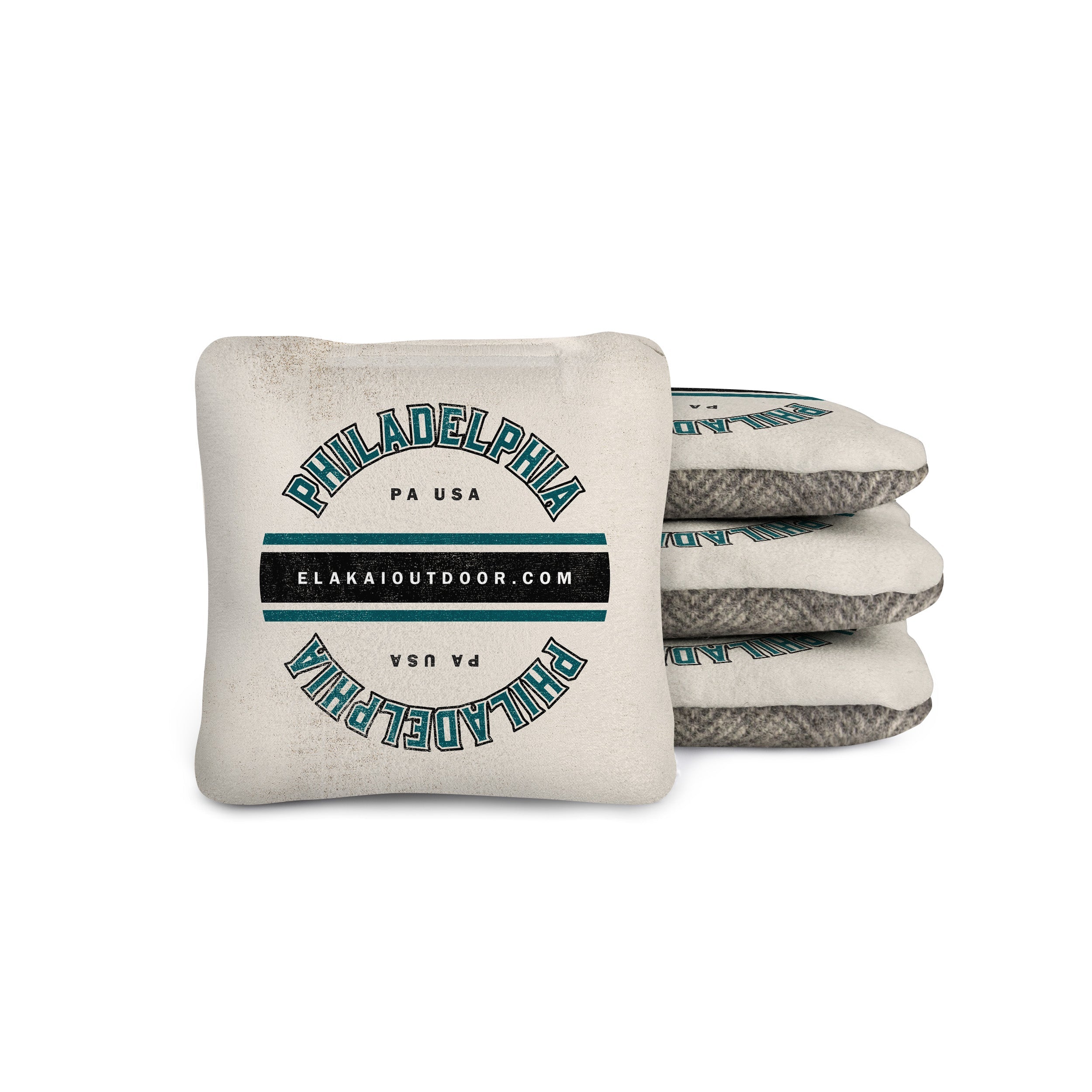 white cornhole bags with 'Philadelphia PA USA' text on a suede and gray wool herringbone 4x4 cornhole bag
#color_philadelphia