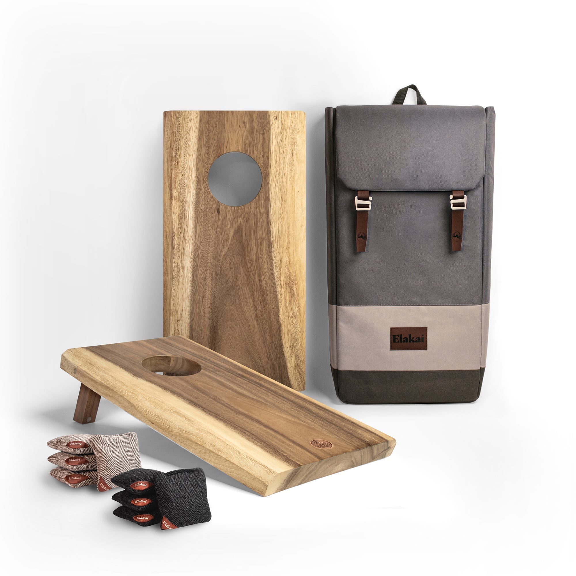 1ft x 2ft Studio Series Acacia Wood Travel Cornhole Set | Natural Grain Finish - EGCH12SLE-01-WB | Elakai Outdoor