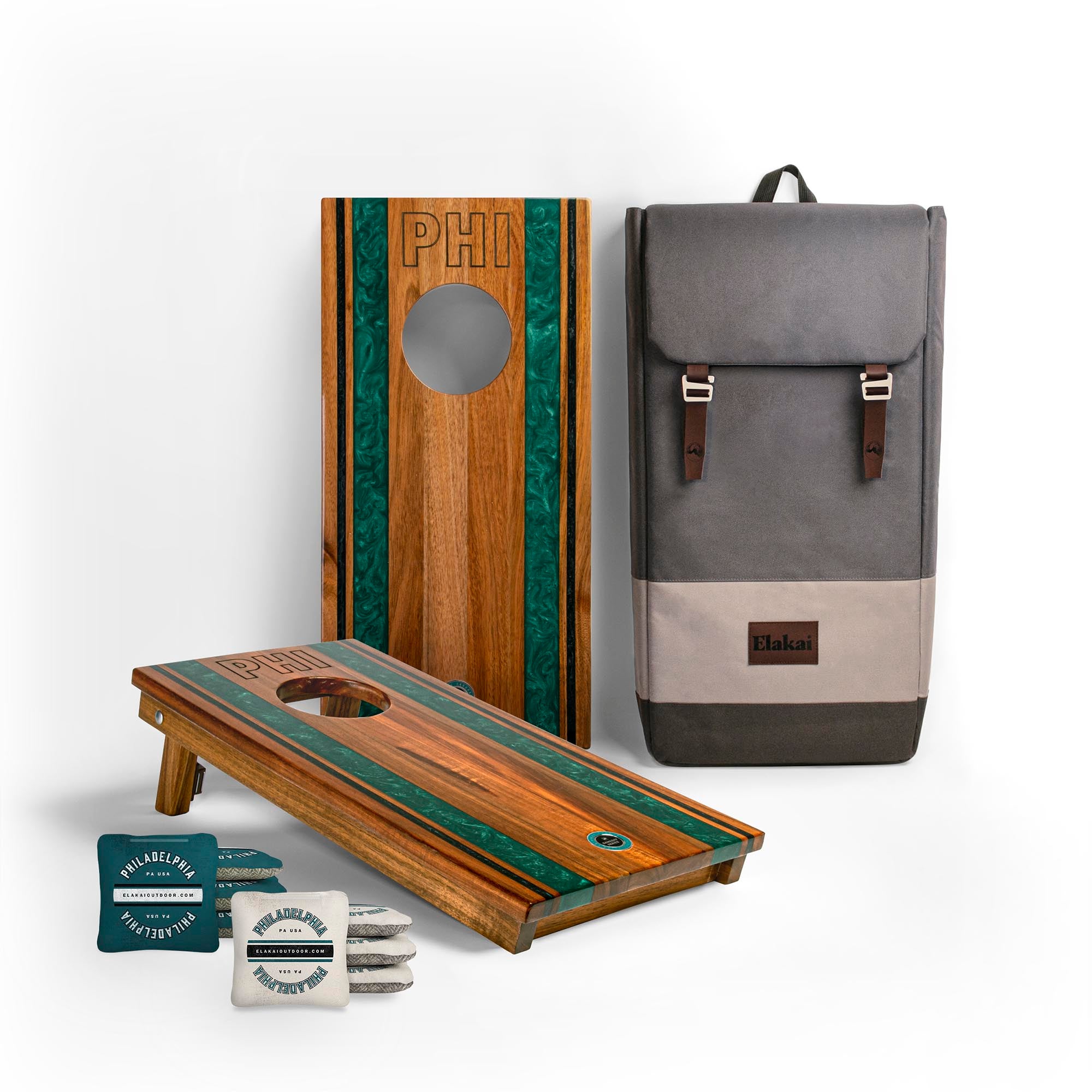 1x2 Gameday Resin Travel Cornhole Board Set with resin green and black stripes, a gray backpack and two sets of Philadelphia cornhole bags
#color_philadelphia