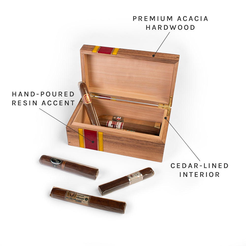 Close-up of handcrafted resin inlay and natural acacia wood grain on the Elakai luxury cedar-lined cigar box.

#color_kansas city
