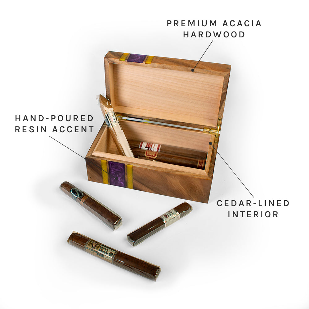 Close-up of handcrafted resin inlay and natural acacia wood grain on the Elakai luxury cedar-lined cigar box.

#color_minnesota
