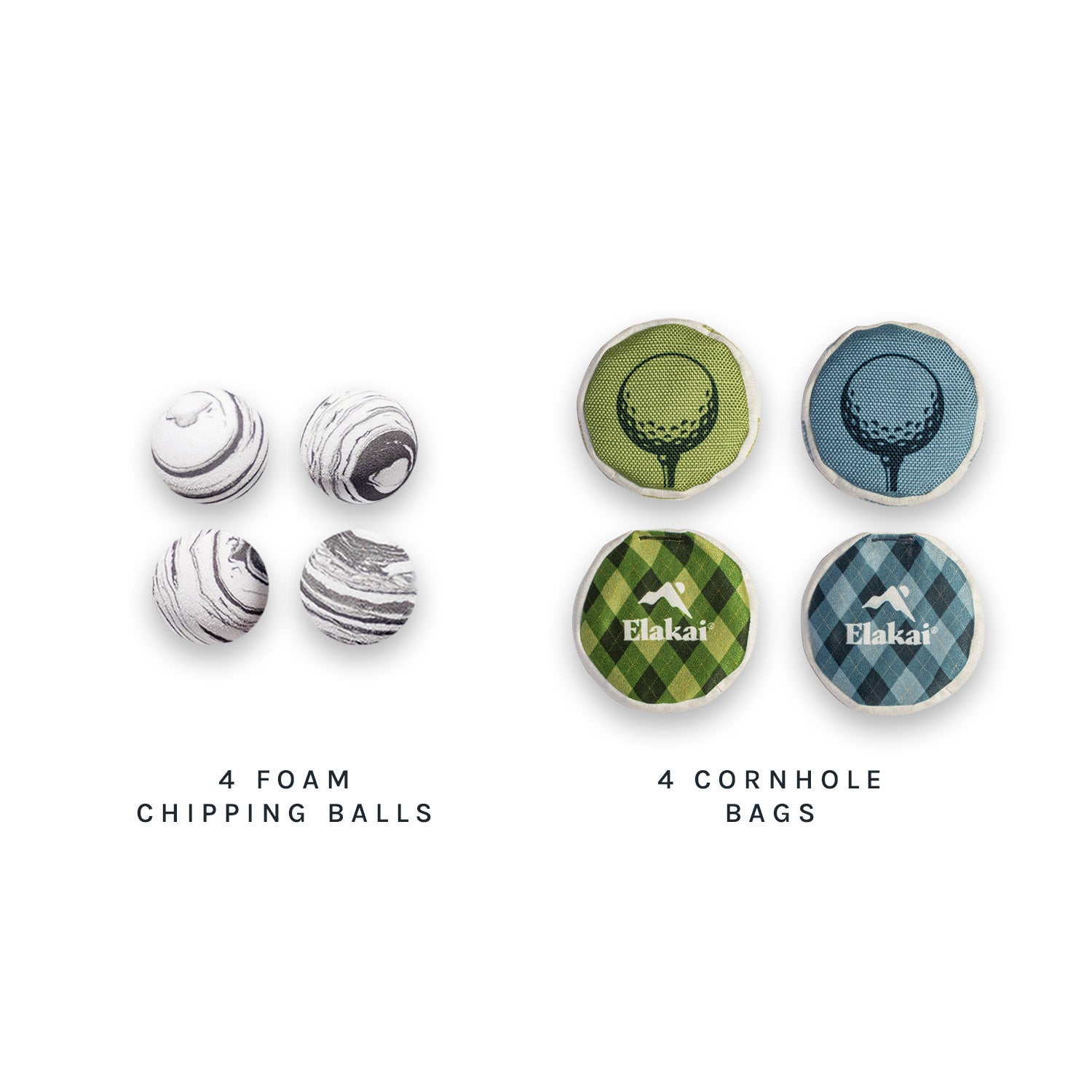 Four foam golf chipping balls and four Elakai cornhole-style game bags included with the Island Hole golf chipping and cornhole hybrid game