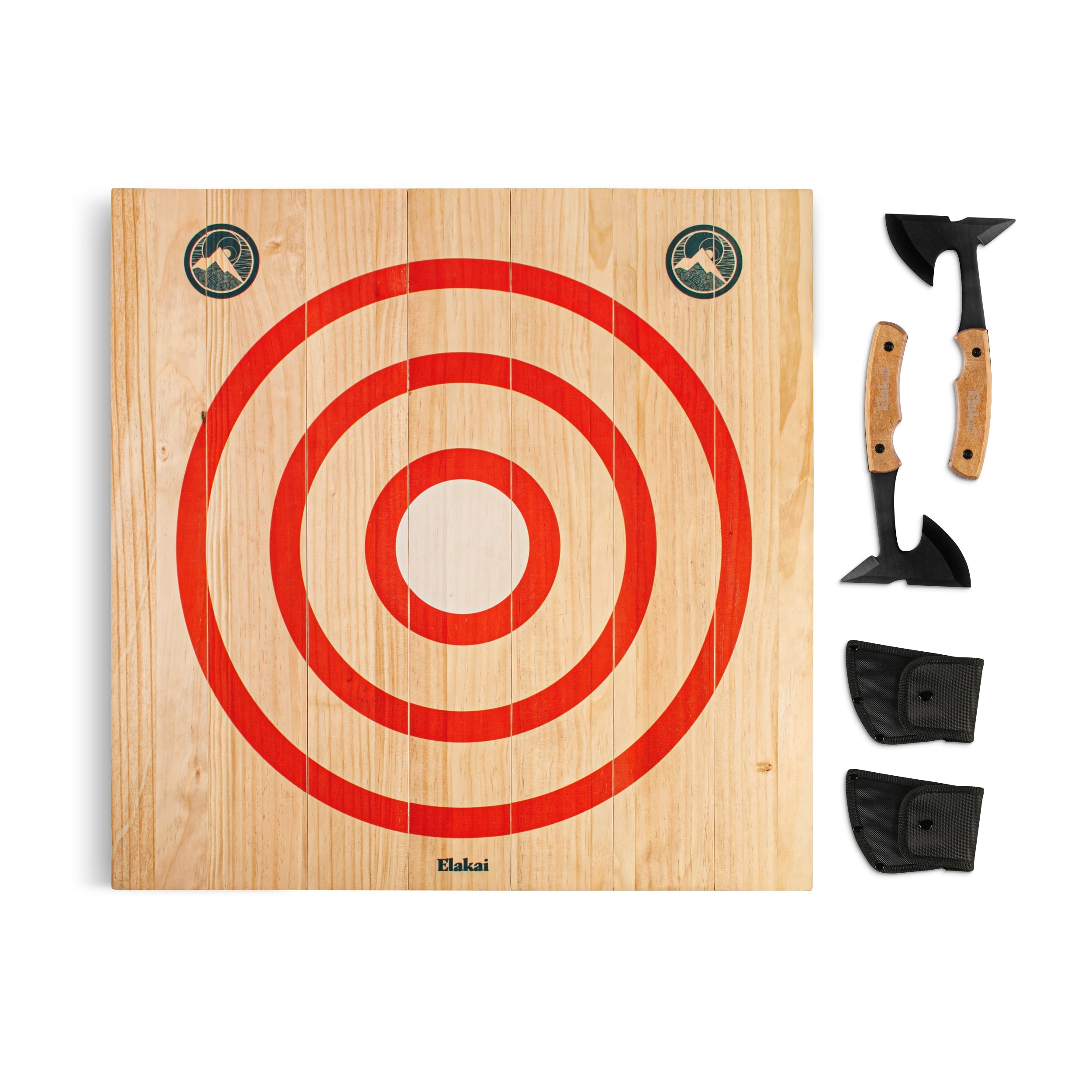 Wooden target board with red bullseye and archery accessories on a white background