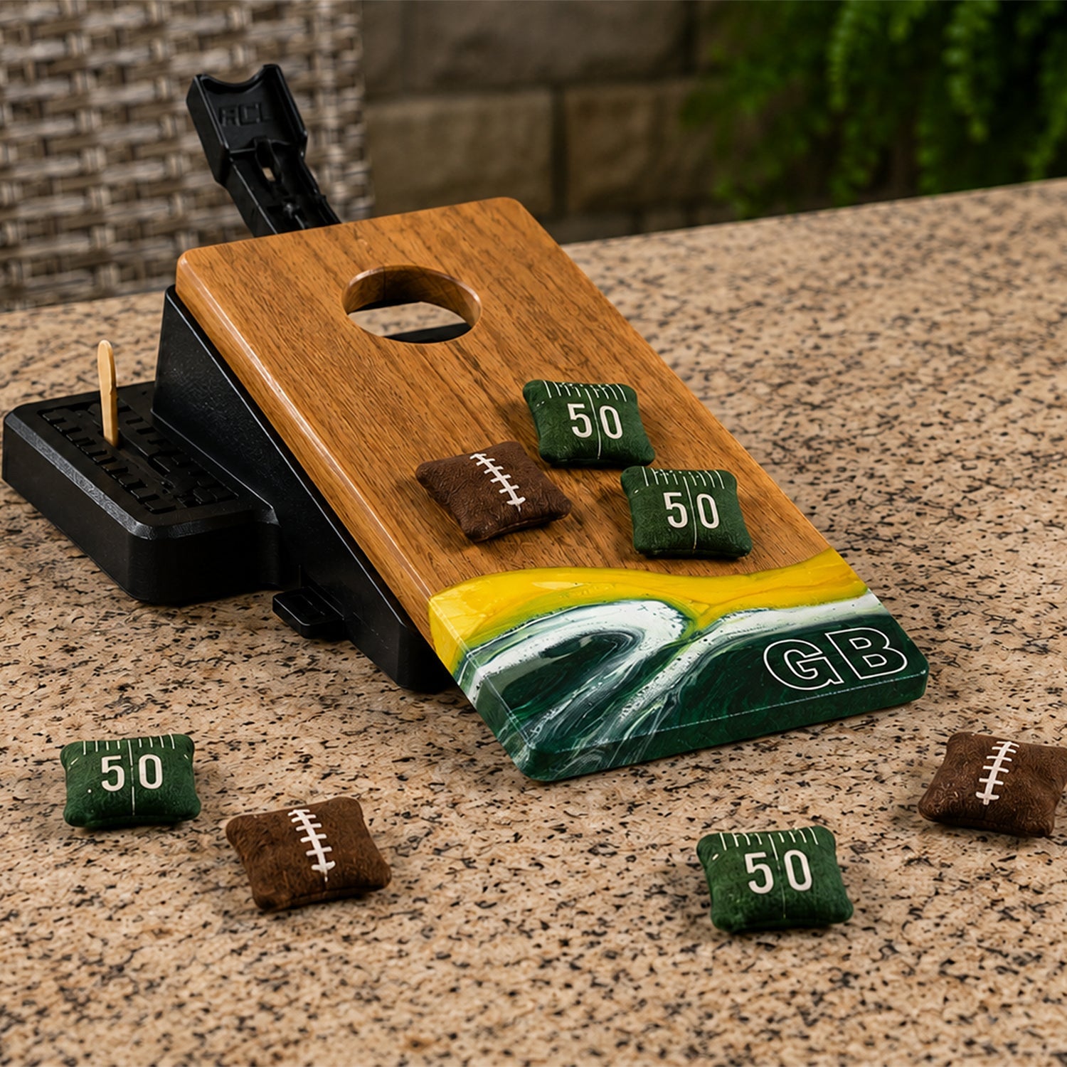 Two wooden cornhole boards featuring a yellow, white, and green wave design at the bottom with 'GB' lettering.

#color_green bay
